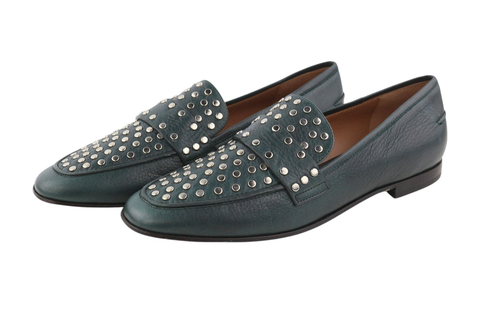 EMPORIO ARMANI X3A075 Women Flats EU37 Green Leather Silver Tone Details Loafers