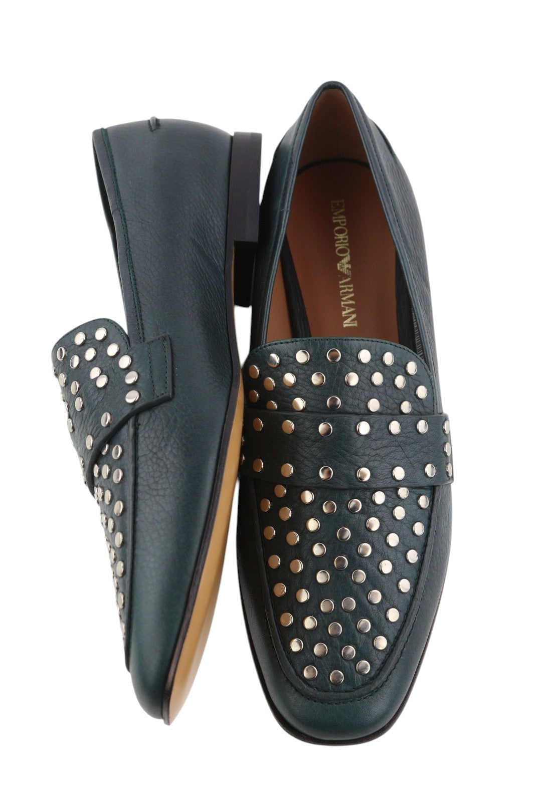 EMPORIO ARMANI X3A075 Women Flats EU37 Green Leather Silver Tone Details Loafers