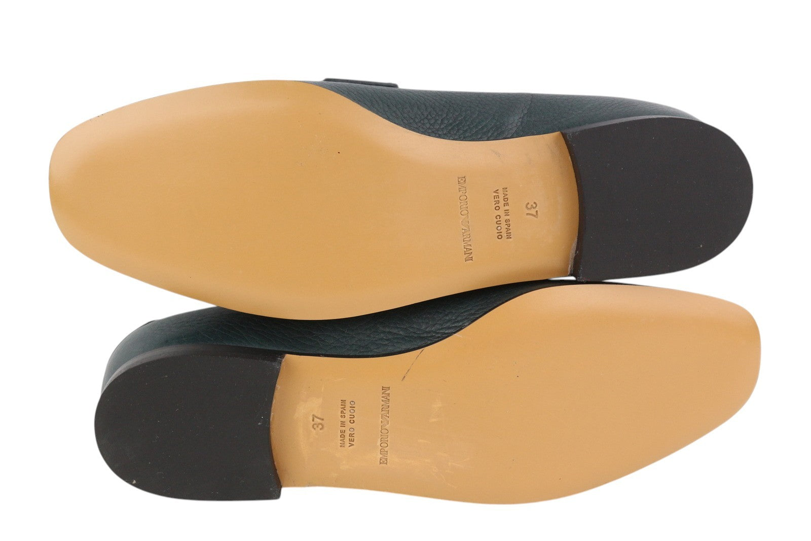 EMPORIO ARMANI X3A075 Women Flats EU37 Green Leather Silver Tone Details Loafers