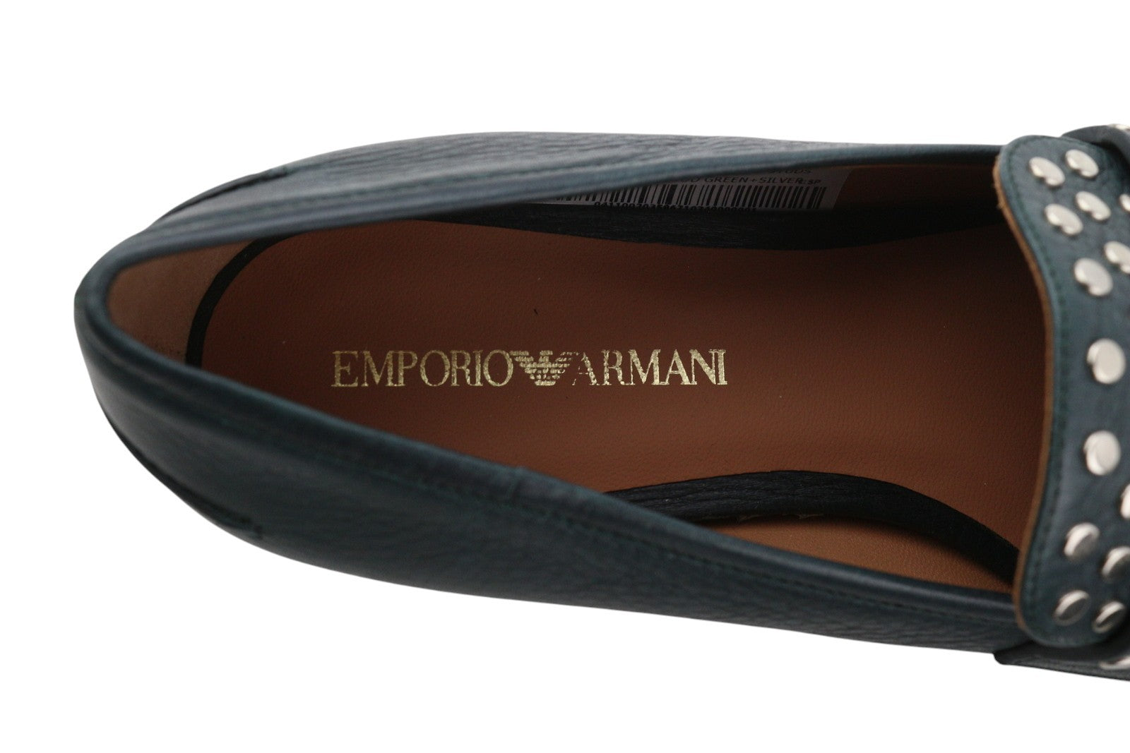 EMPORIO ARMANI X3A075 Women Flats EU37 Green Leather Silver Tone Details Loafers