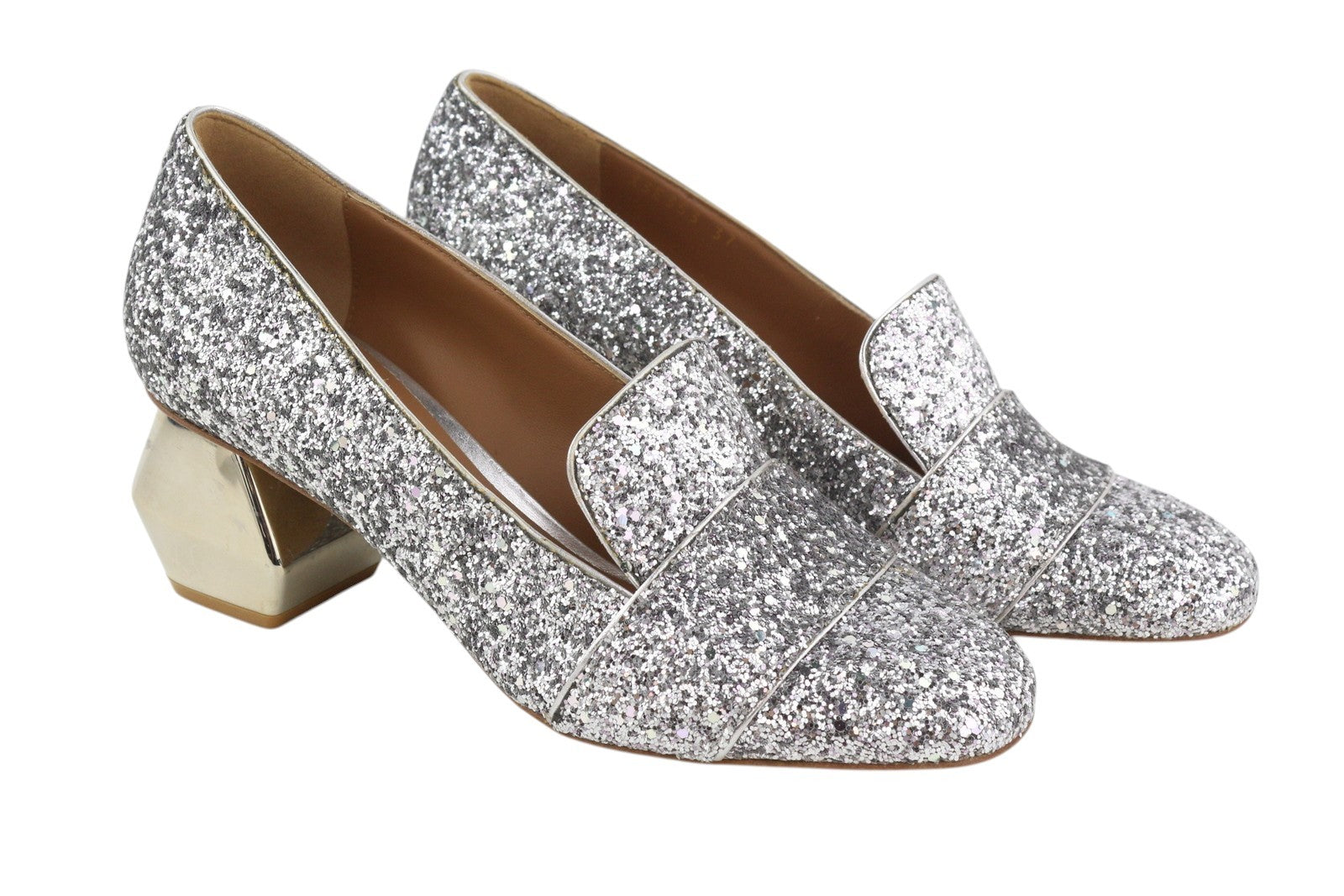 EMPORIO ARMANI X3E353 Women Heels EU37 Leather Shiny Glitter Silver Decollete