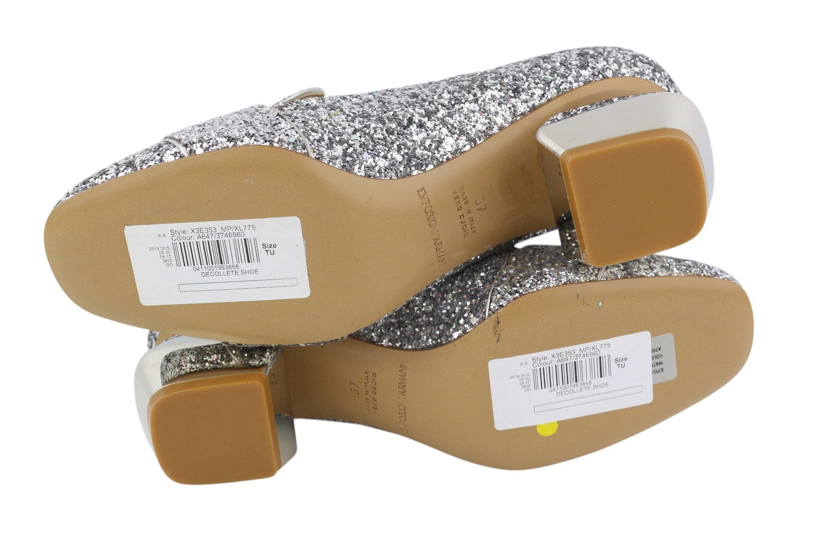 EMPORIO ARMANI X3E353 Women Heels EU37 Leather Shiny Glitter Silver Decollete