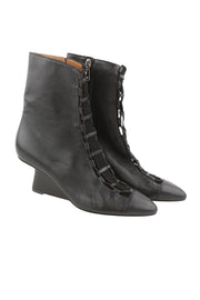 EMPORIO ARMANI Women Heels EU37 Black Leather Pointed Toe Laced Details Zipper