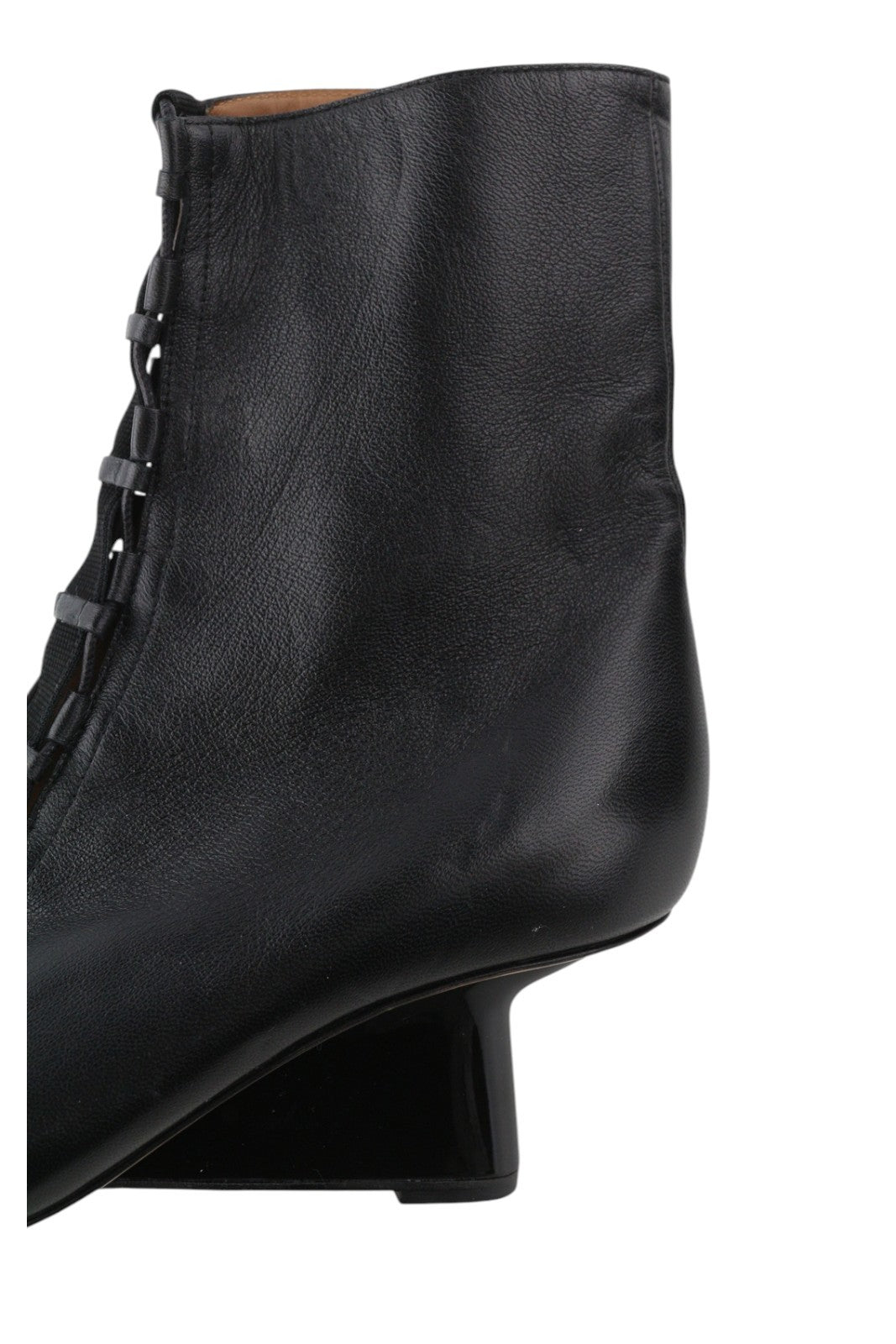 EMPORIO ARMANI Women Heels EU37 Black Leather Pointed Toe Laced Details Zipper