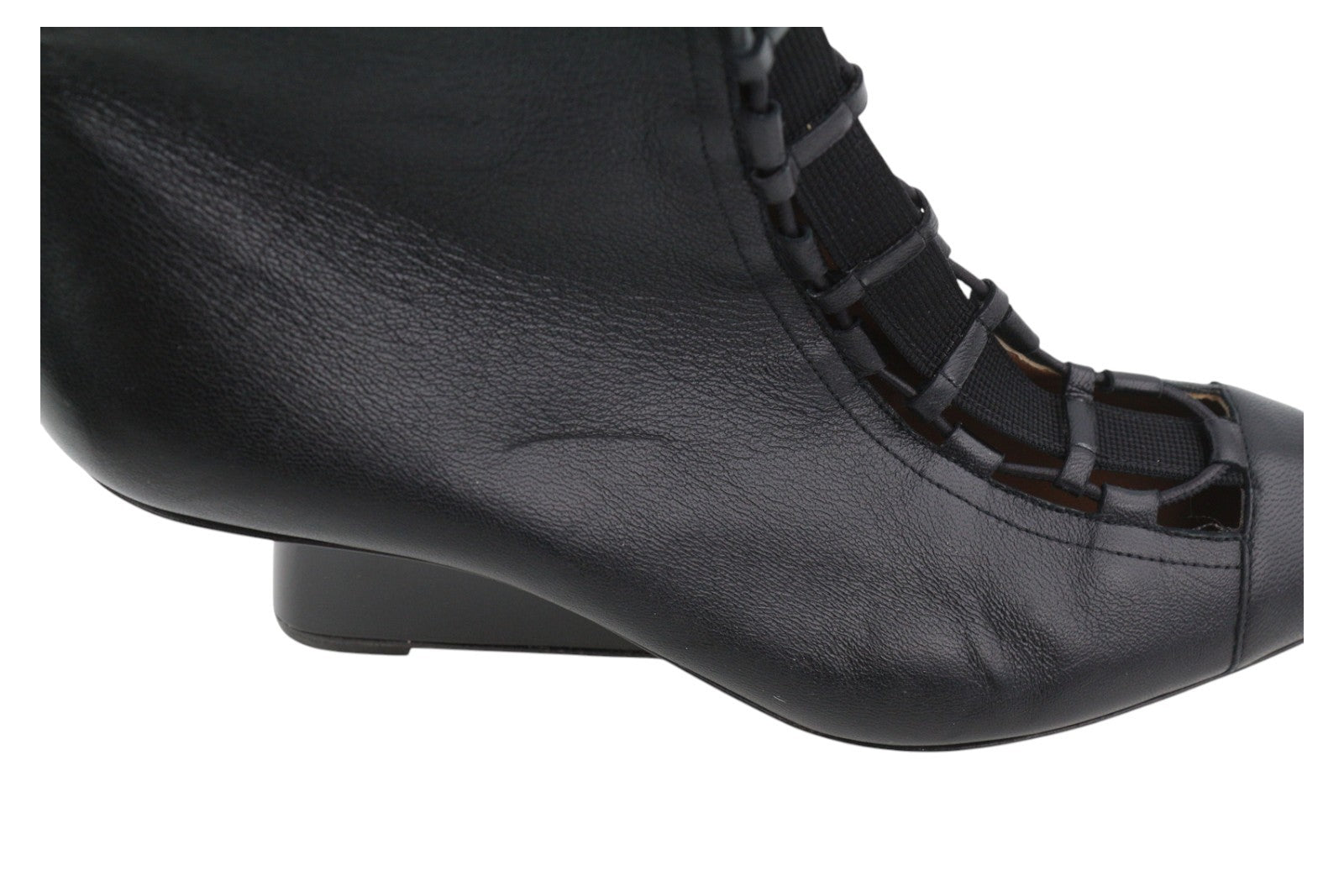 EMPORIO ARMANI Women Heels EU37 Black Leather Pointed Toe Laced Details Zipper