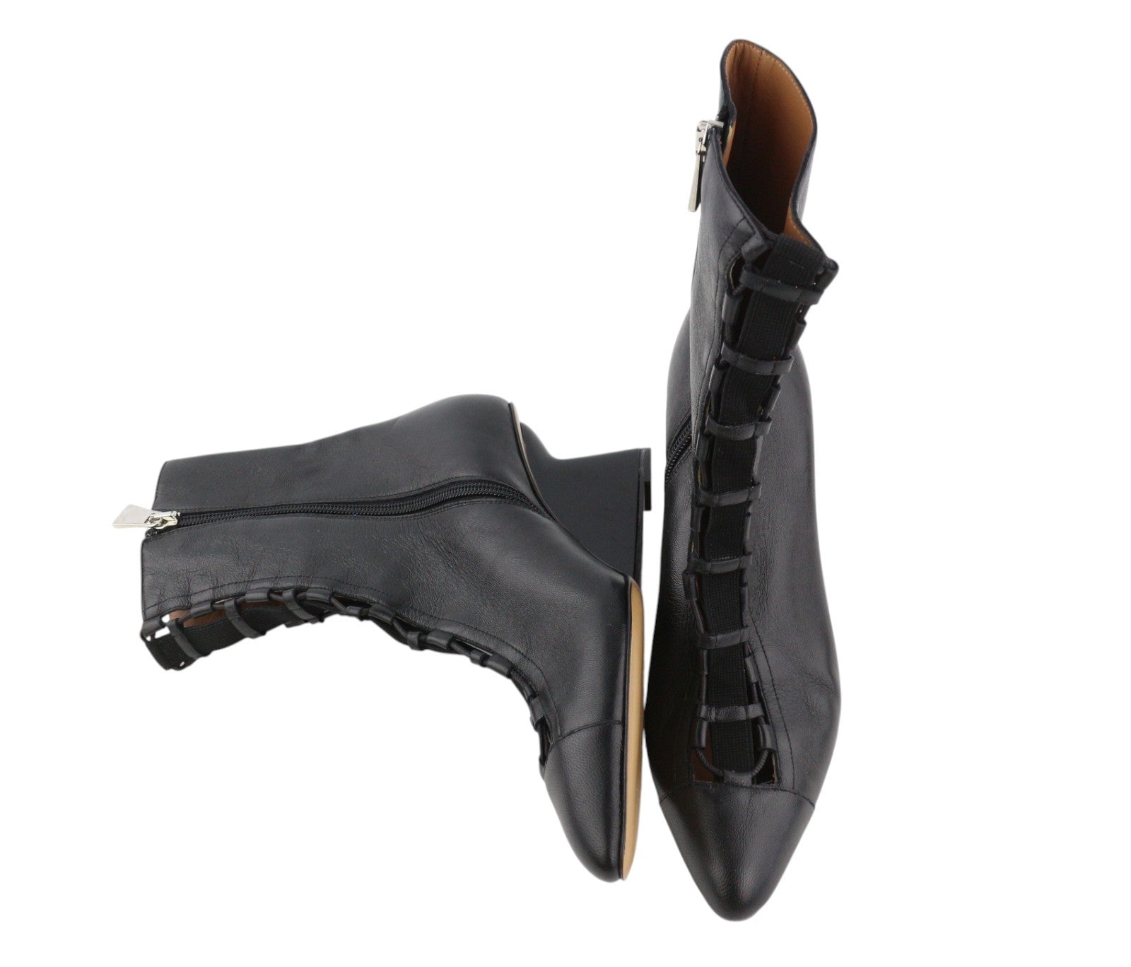 EMPORIO ARMANI Women Heels EU37 Black Leather Pointed Toe Laced Details Zipper