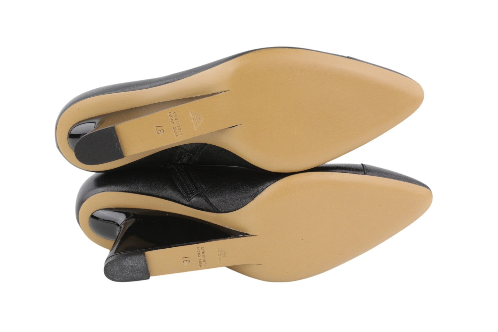 EMPORIO ARMANI Women Heels EU37 Black Leather Pointed Toe Laced Details Zipper