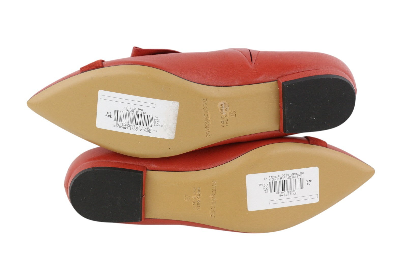 EMPORIO ARMANI X3D223 Women Flats EU37 Red Leather Pointed Toe Slip On Casual