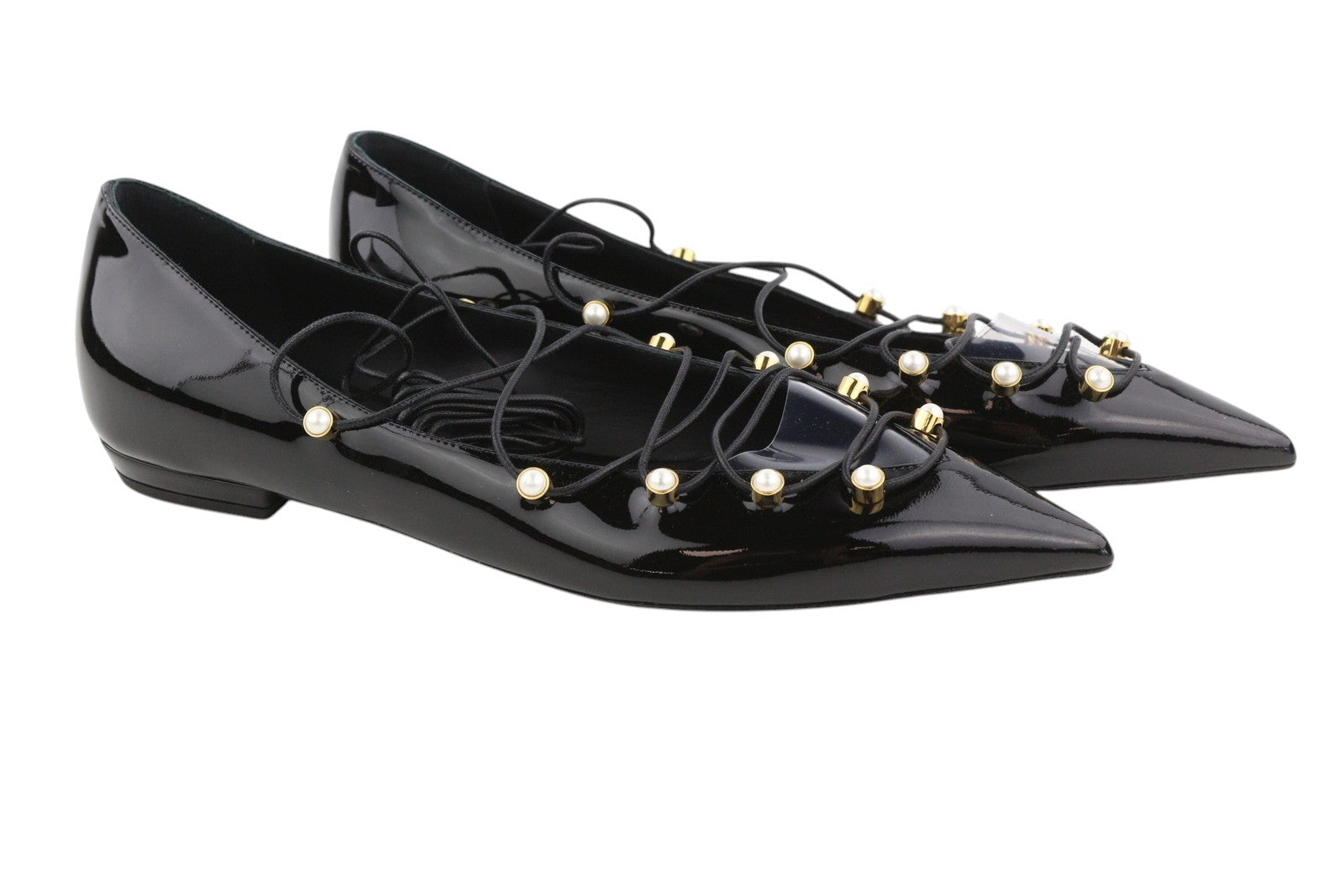 EMPORIO ARMANI Women Flats EU37 Black Patent Leather Pointed Toe Strappy Bead