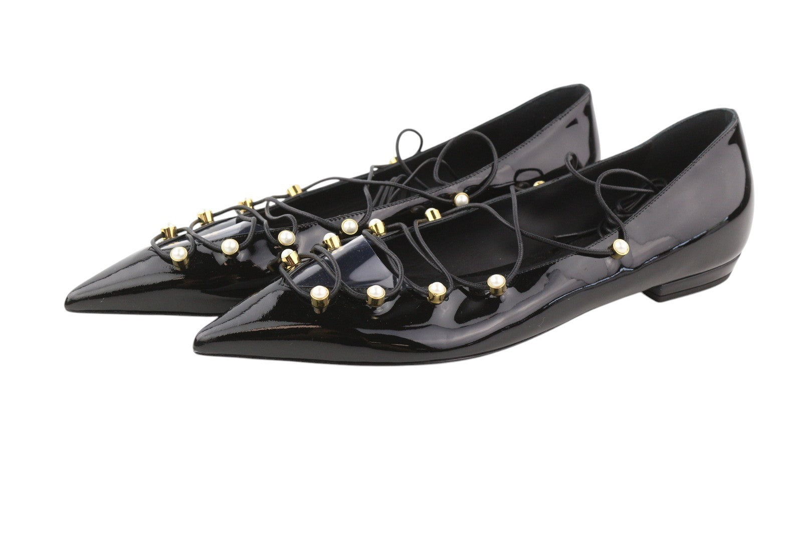 EMPORIO ARMANI Women Flats EU37 Black Patent Leather Pointed Toe Strappy Bead