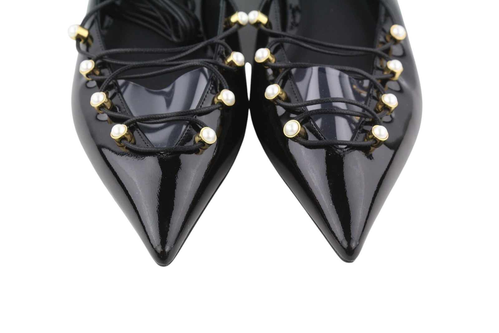 EMPORIO ARMANI Women Flats EU37 Black Patent Leather Pointed Toe Strappy Bead