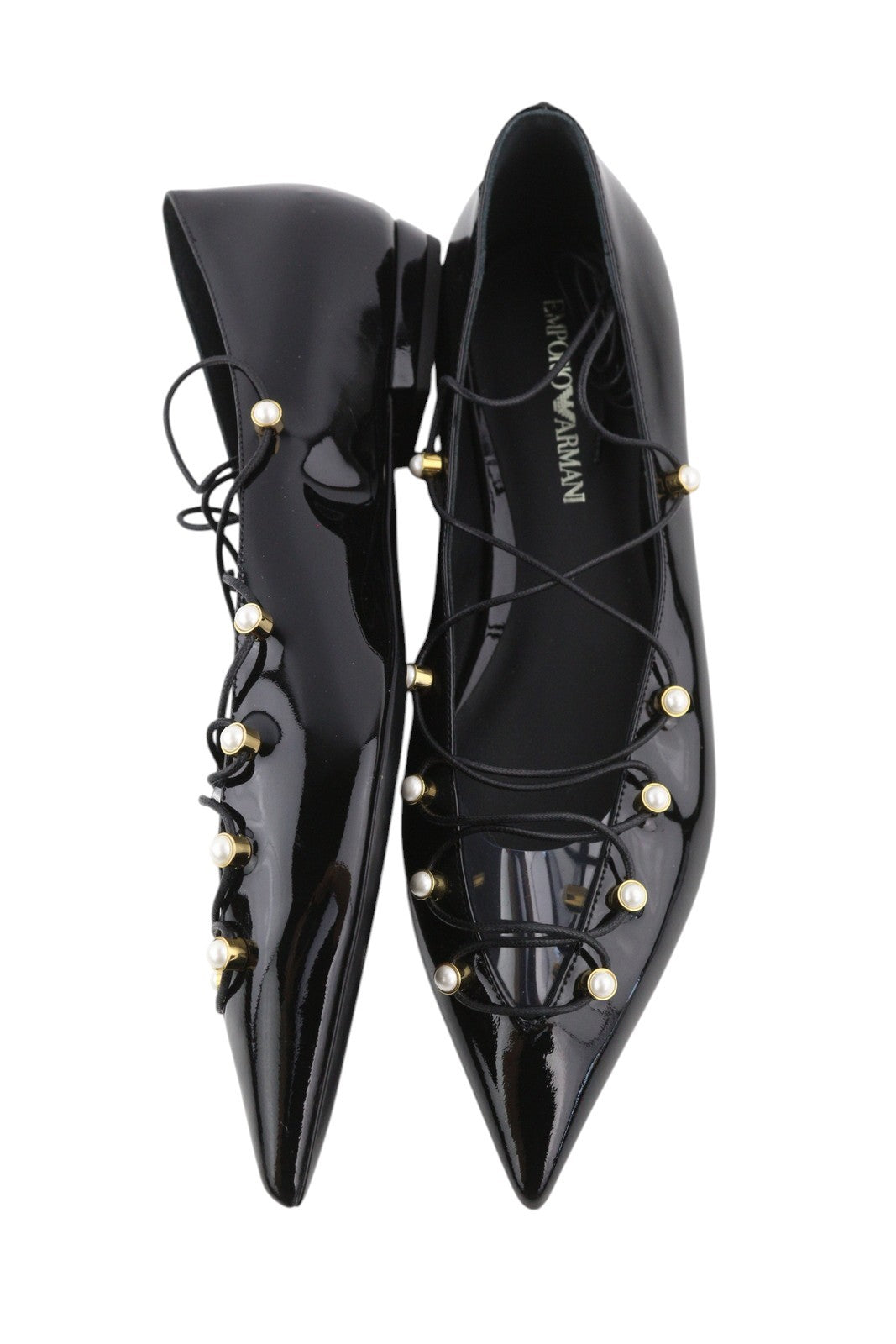 EMPORIO ARMANI Women Flats EU37 Black Patent Leather Pointed Toe Strappy Bead