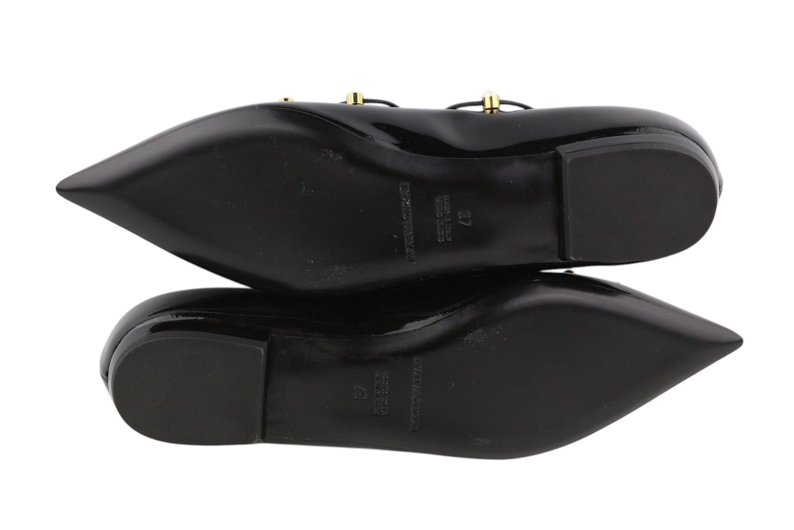 EMPORIO ARMANI Women Flats EU37 Black Patent Leather Pointed Toe Strappy Bead