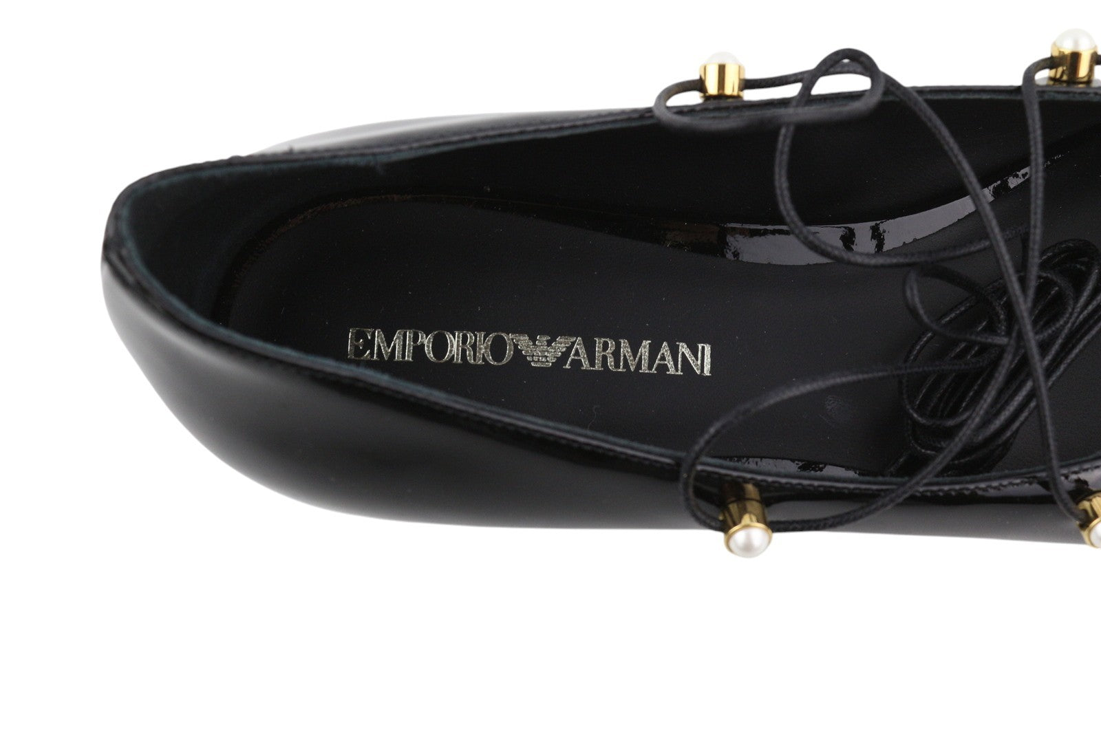 EMPORIO ARMANI Women Flats EU37 Black Patent Leather Pointed Toe Strappy Bead