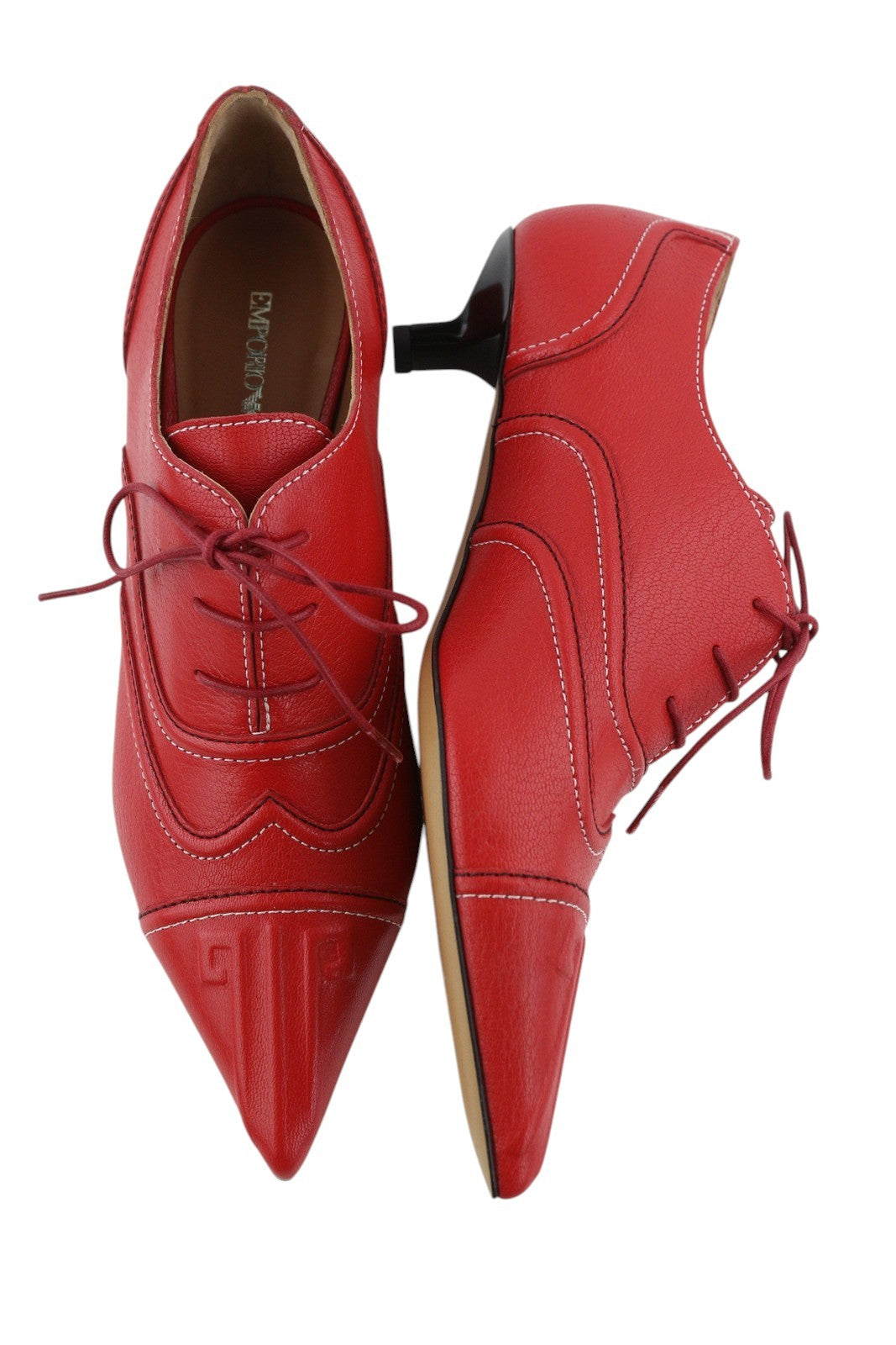 EMPORIO ARMANI Women Heels EU37 Red Leather Pointed Toe Laced Sneakers Imitation