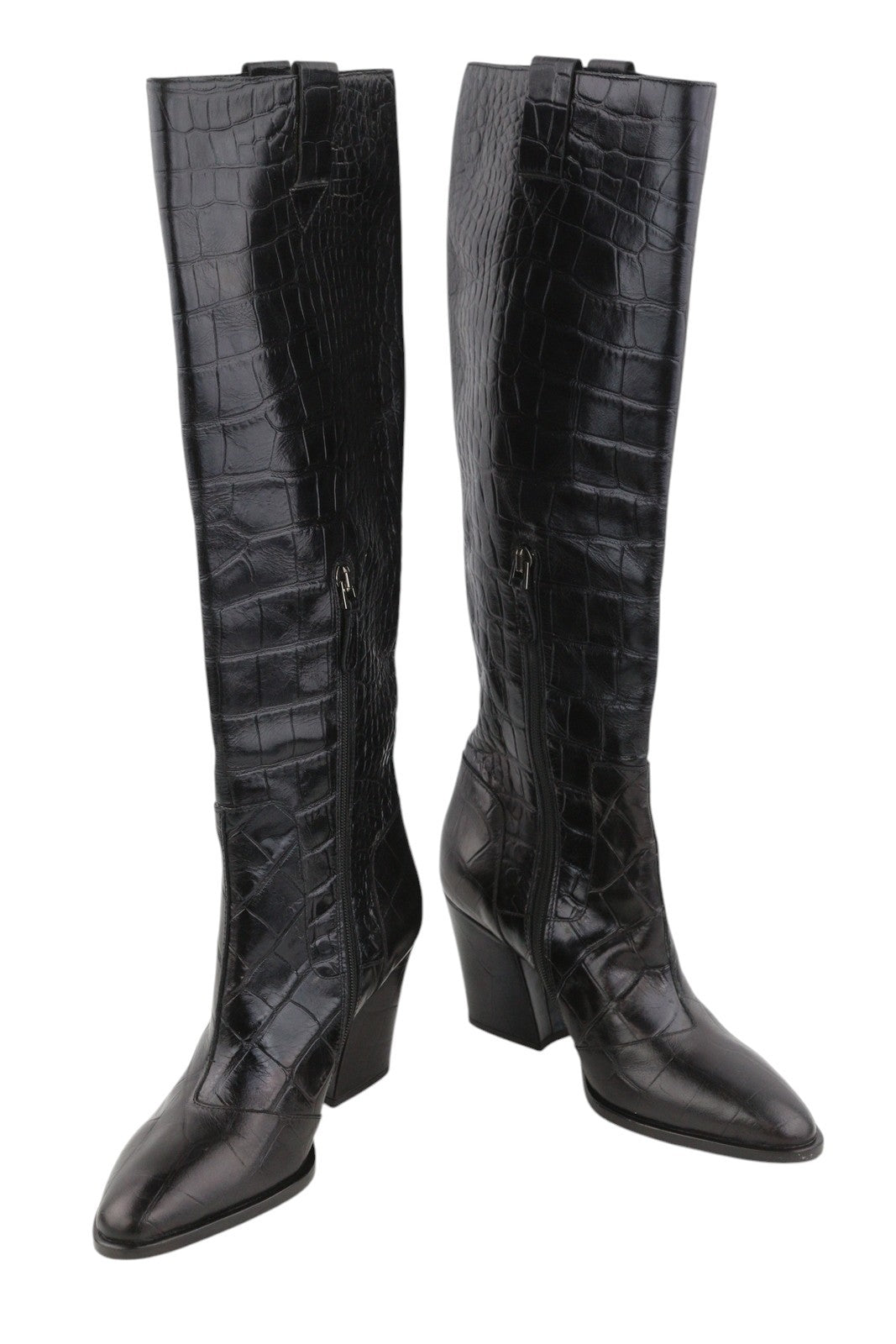 EMPORIO ARMANI Women Boots EU37 Black Leather Textured High Heeled Pointed Toe