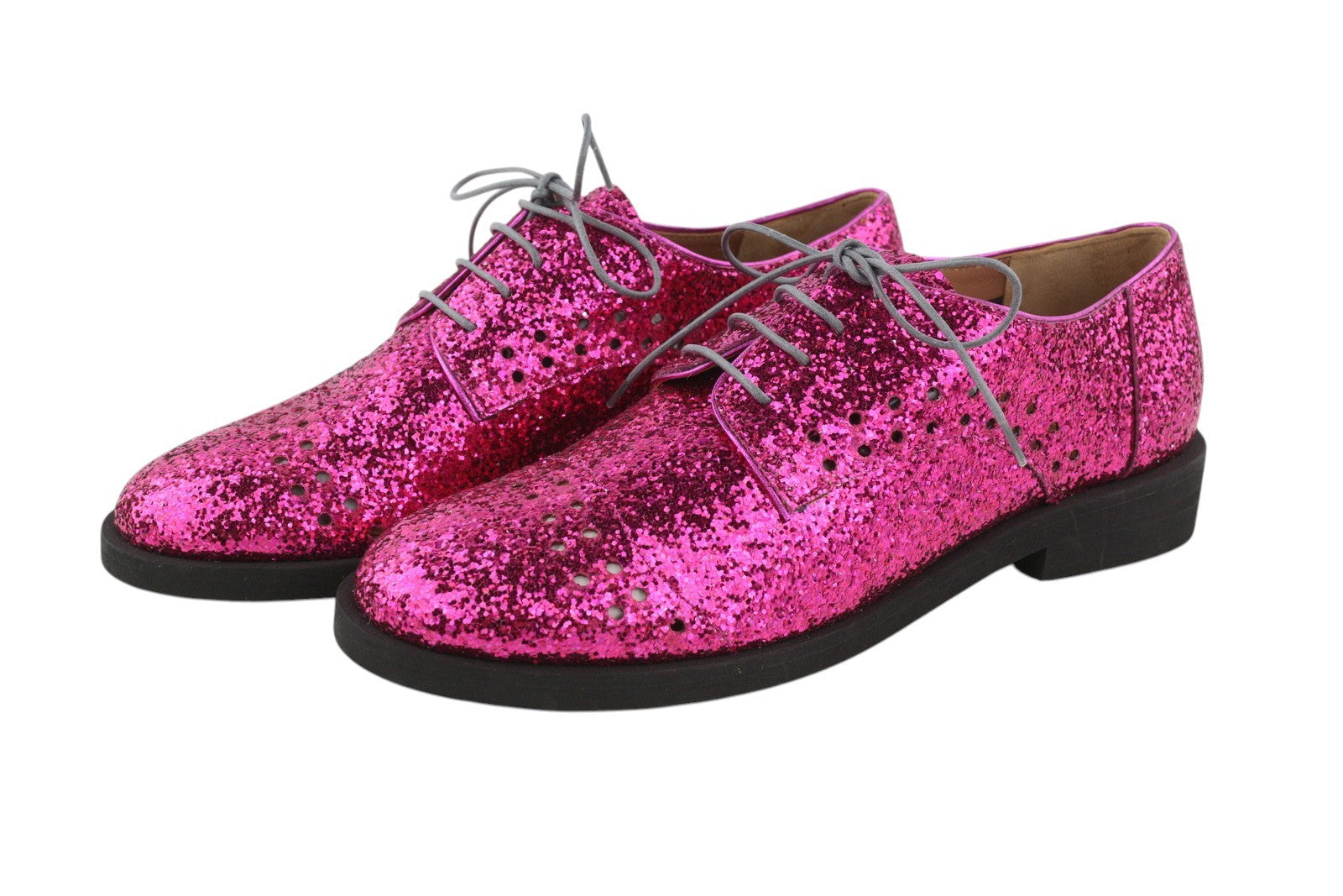 EMPORIO ARMANI Women Shoes EU37 Pink Shiny Glitter Leather Lace Up Low Casual