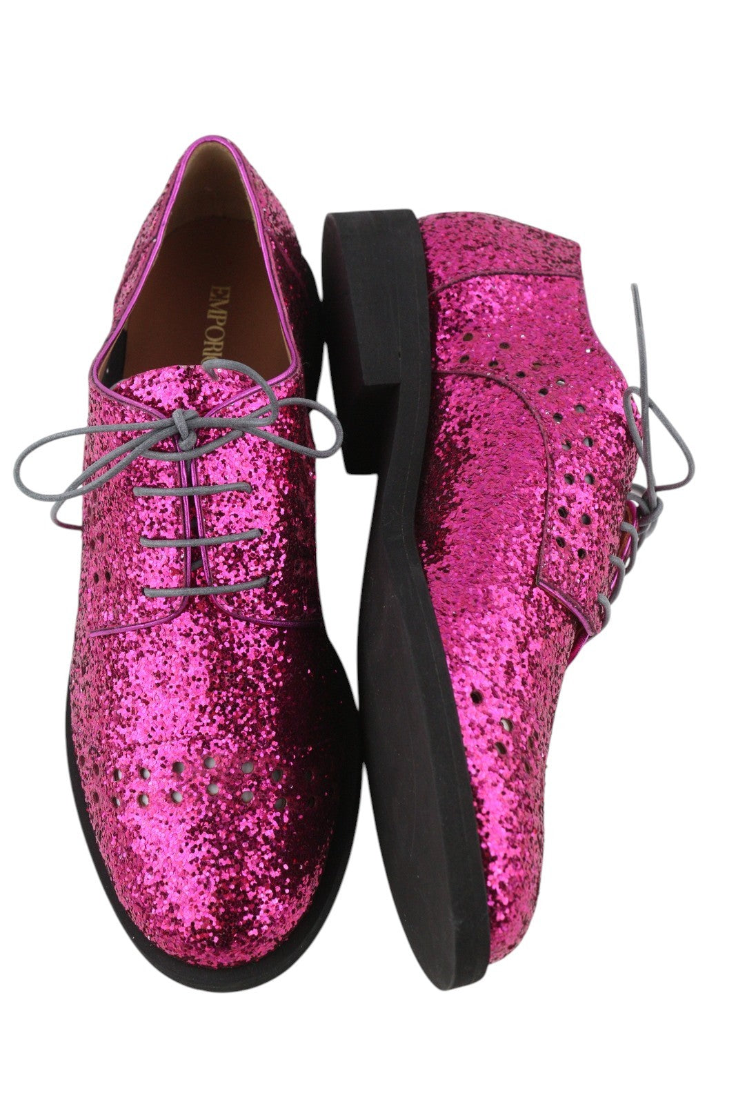 EMPORIO ARMANI Women Shoes EU37 Pink Shiny Glitter Leather Lace Up Low Casual