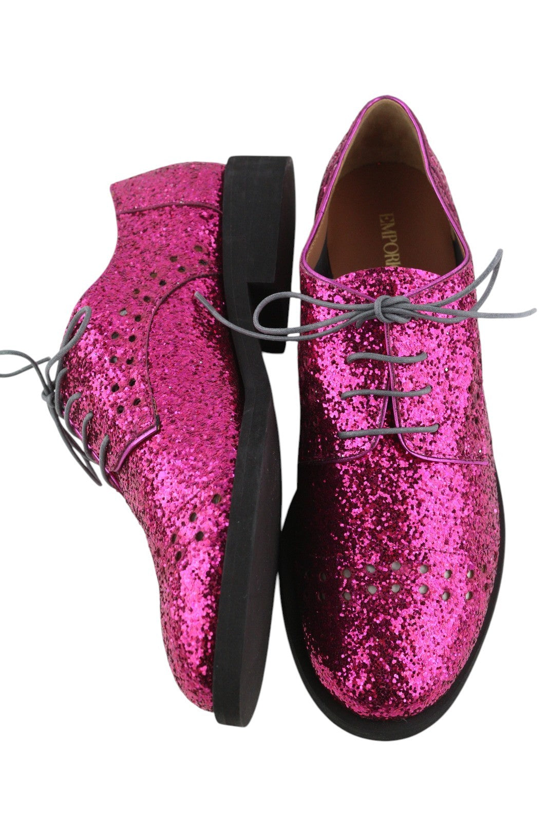 EMPORIO ARMANI Women Shoes EU37 Pink Shiny Glitter Leather Lace Up Low Casual