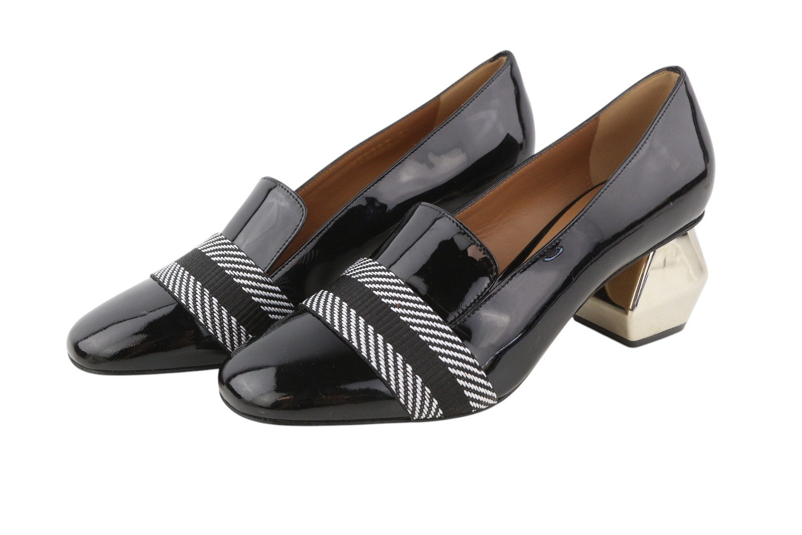 EMPORIO ARMANI Women Heels EU37 Black Patent Leather Square Toe Patterned Detail