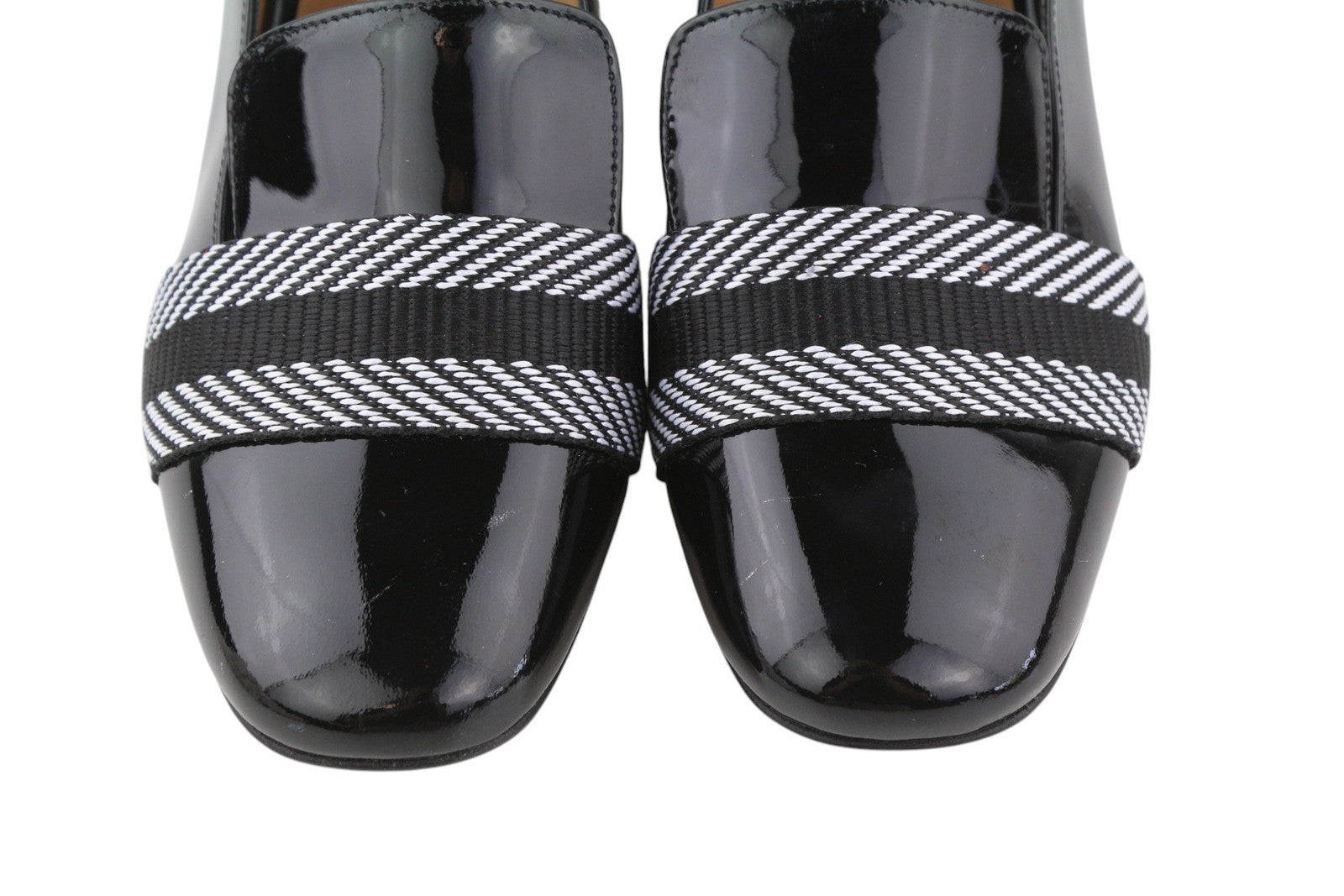 EMPORIO ARMANI Women Heels EU37 Black Patent Leather Square Toe Patterned Detail