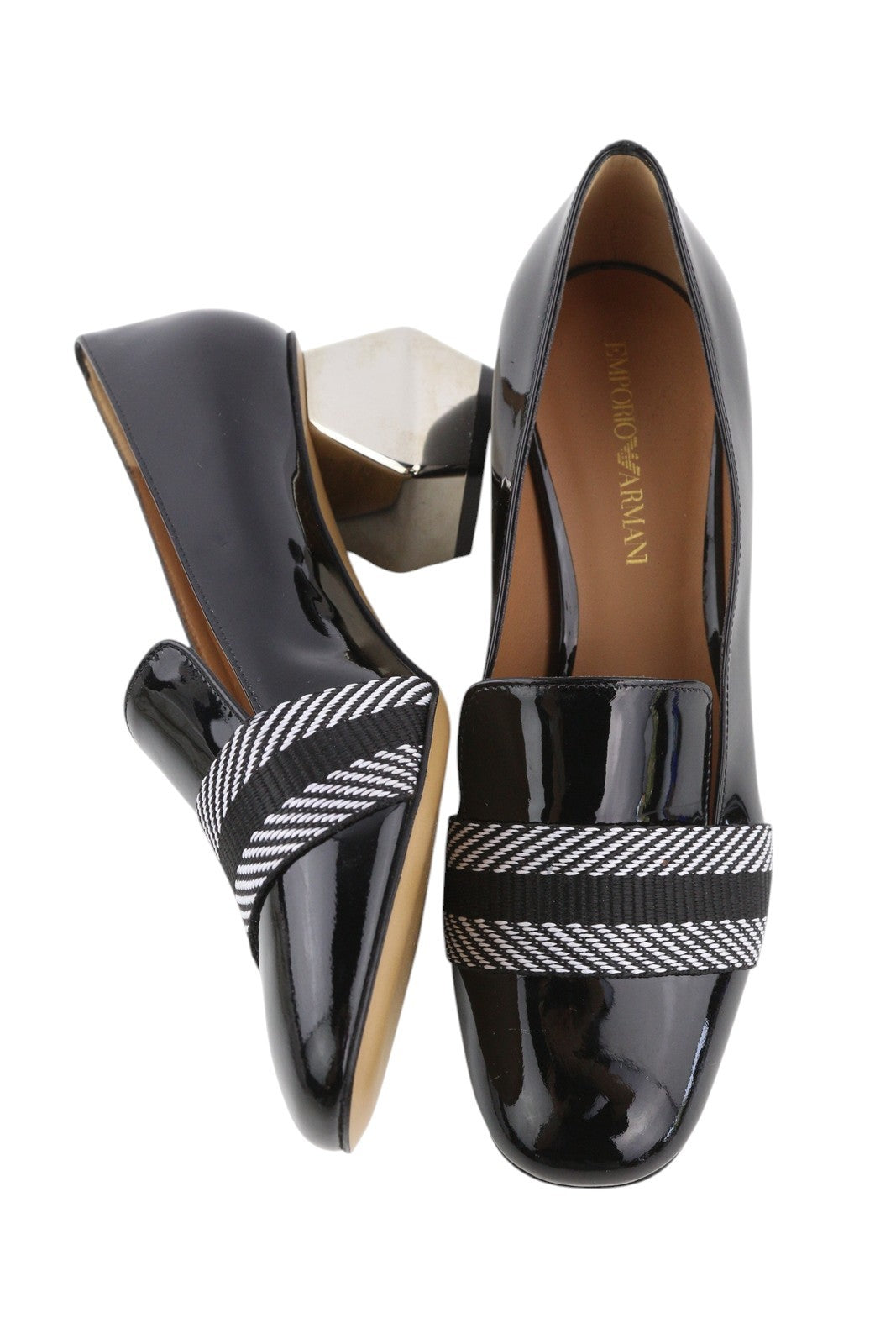 EMPORIO ARMANI Women Heels EU37 Black Patent Leather Square Toe Patterned Detail