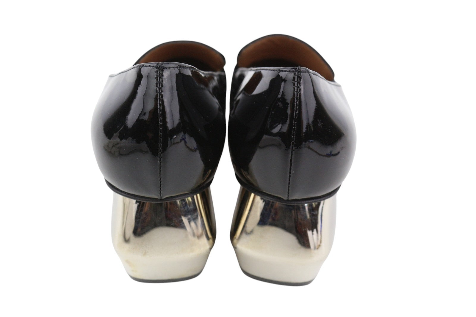 EMPORIO ARMANI Women Heels EU37 Black Patent Leather Square Toe Patterned Detail