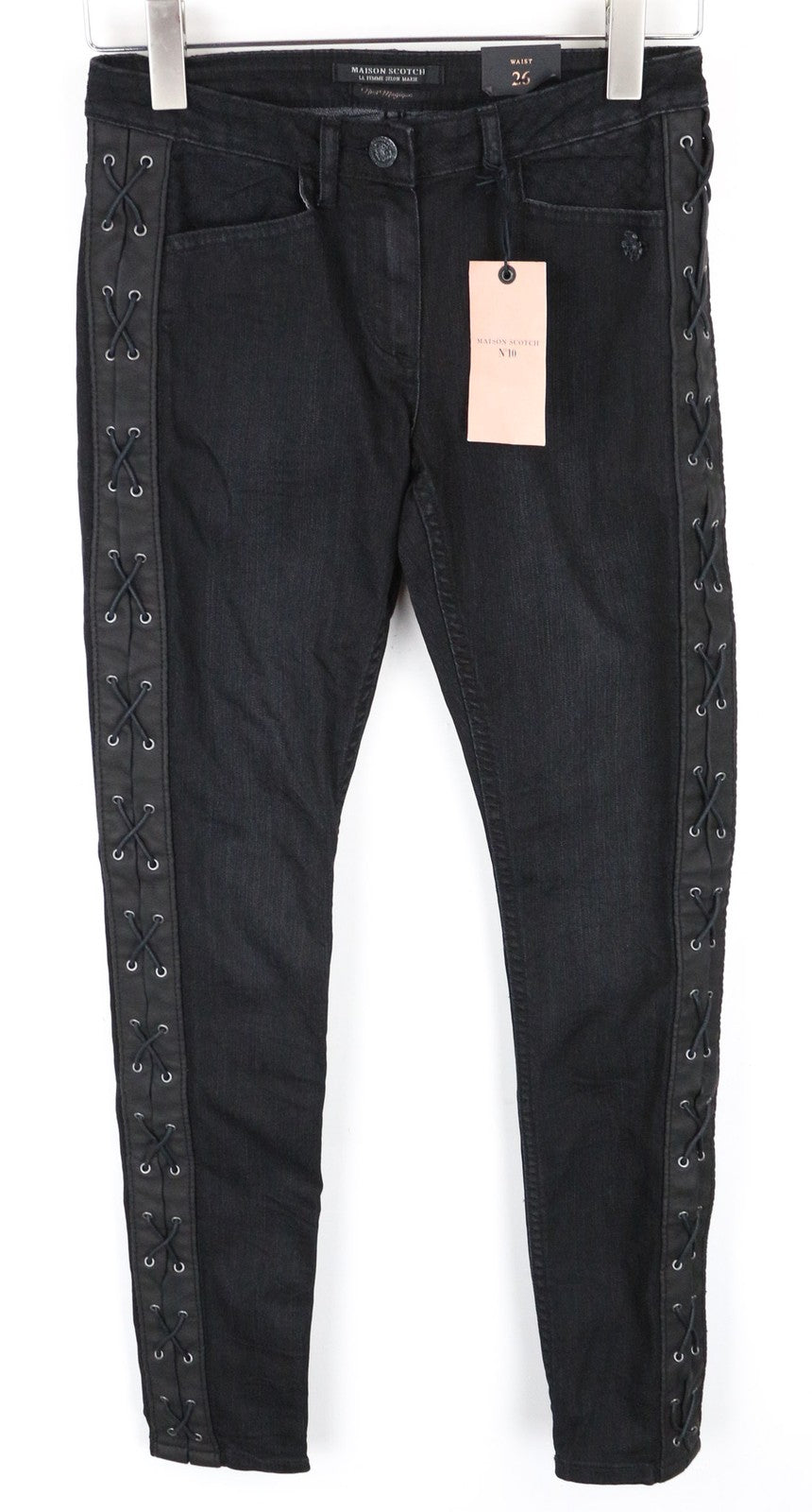 MAISON SCOTCH Women's Jeans W26 Skinny Black Stretch Cotton Laced Side Detail