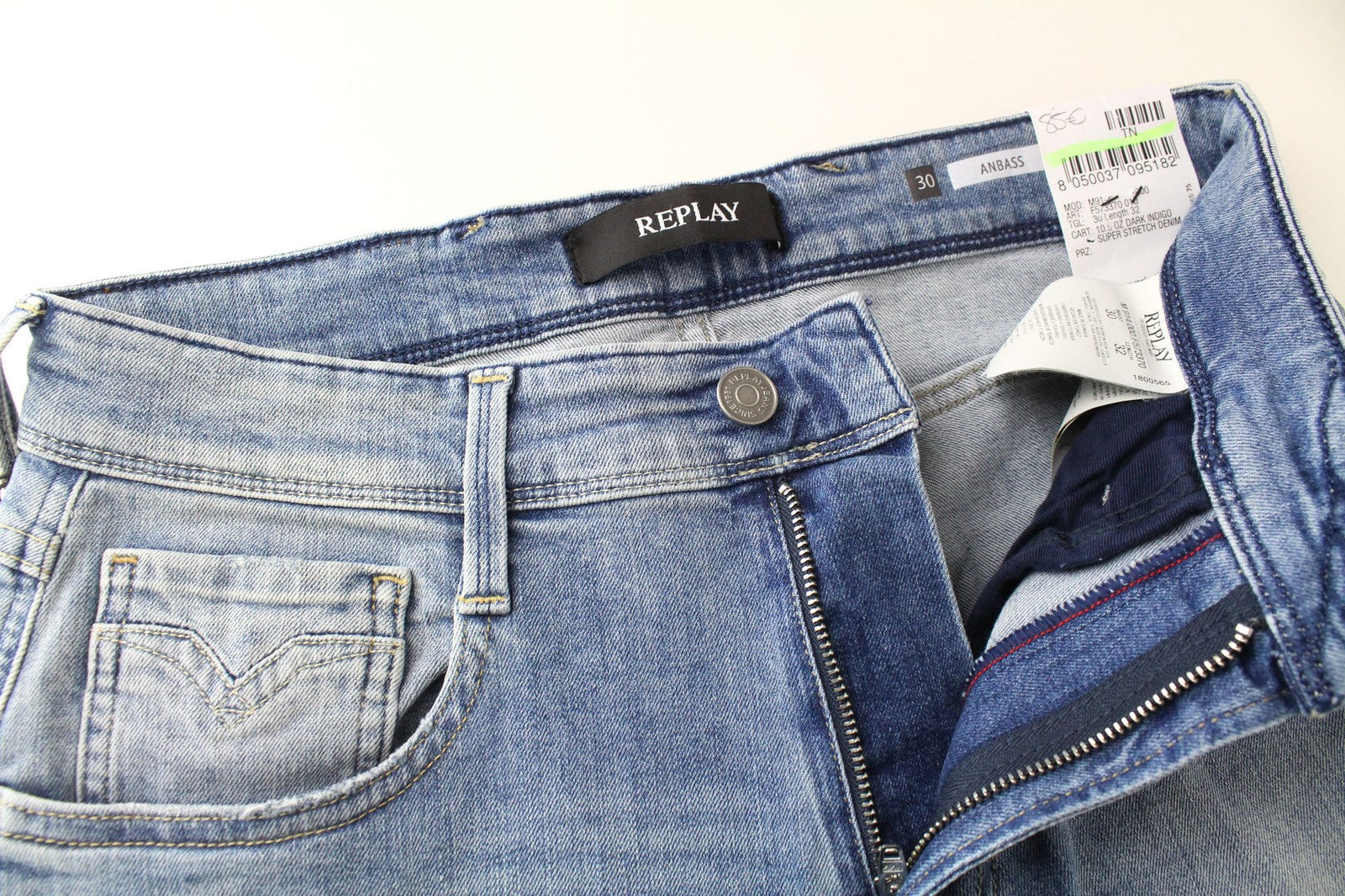 REPLAY Anbass Men's Jeans W30/L32 Light Blue Slim Fit Super Stretch Zip Detail