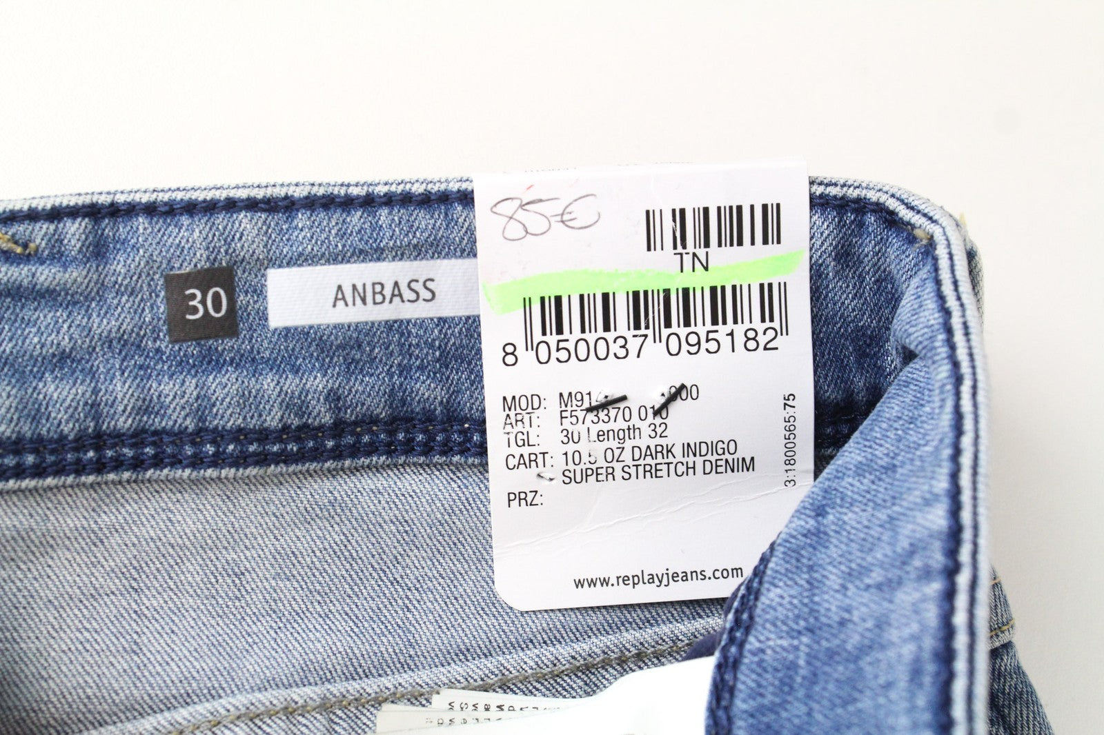 REPLAY Anbass Men's Jeans W30/L32 Light Blue Slim Fit Super Stretch Zip Detail