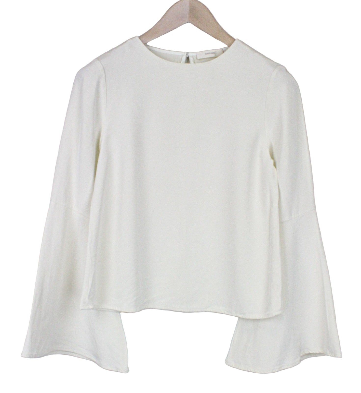 SUISTUDIO Women's Blouse ~UK4 Off-White Slim Flared Sleeve Round Neck Classic