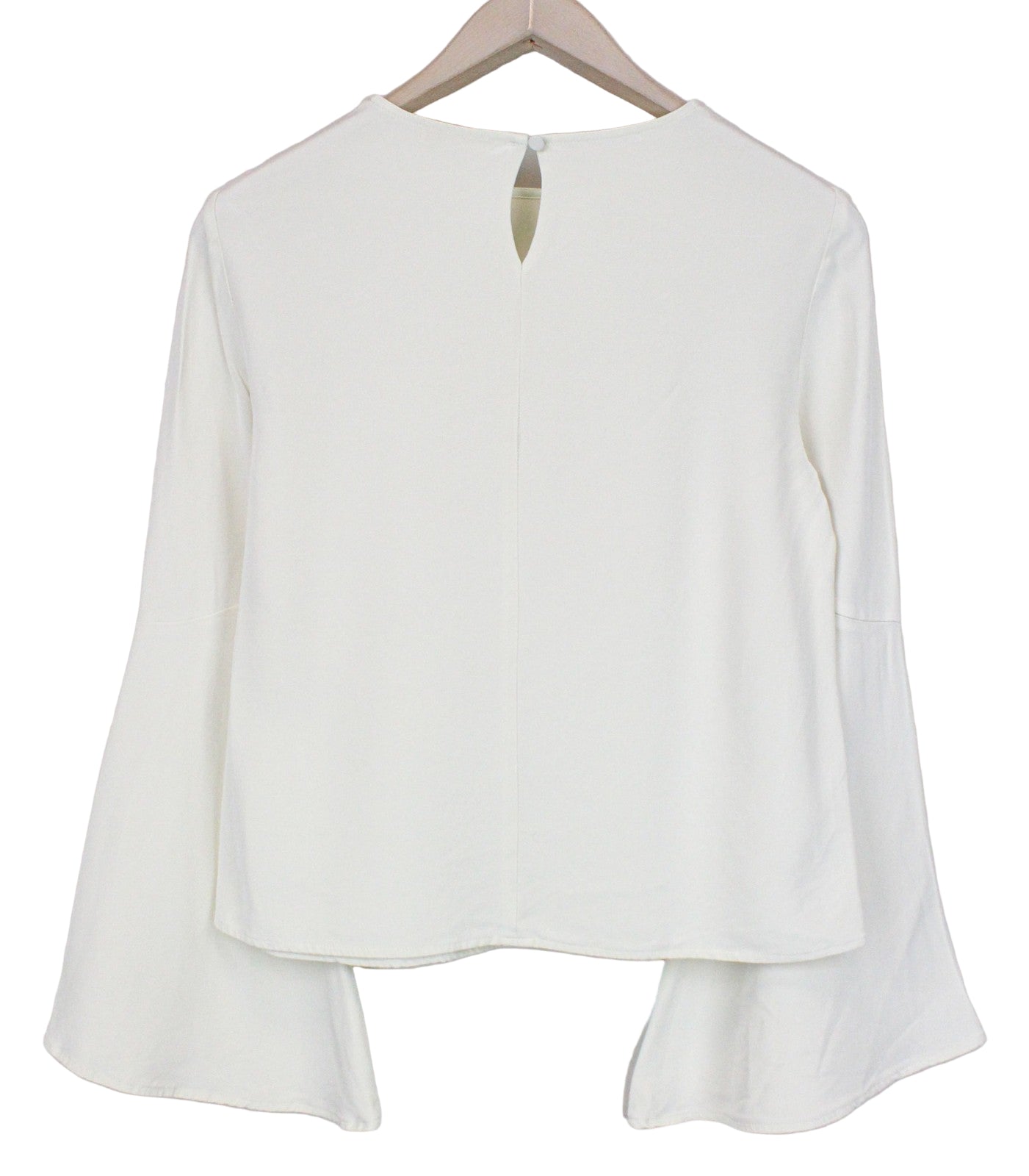 SUISTUDIO Women's Blouse ~UK4 Off-White Slim Flared Sleeve Round Neck Classic
