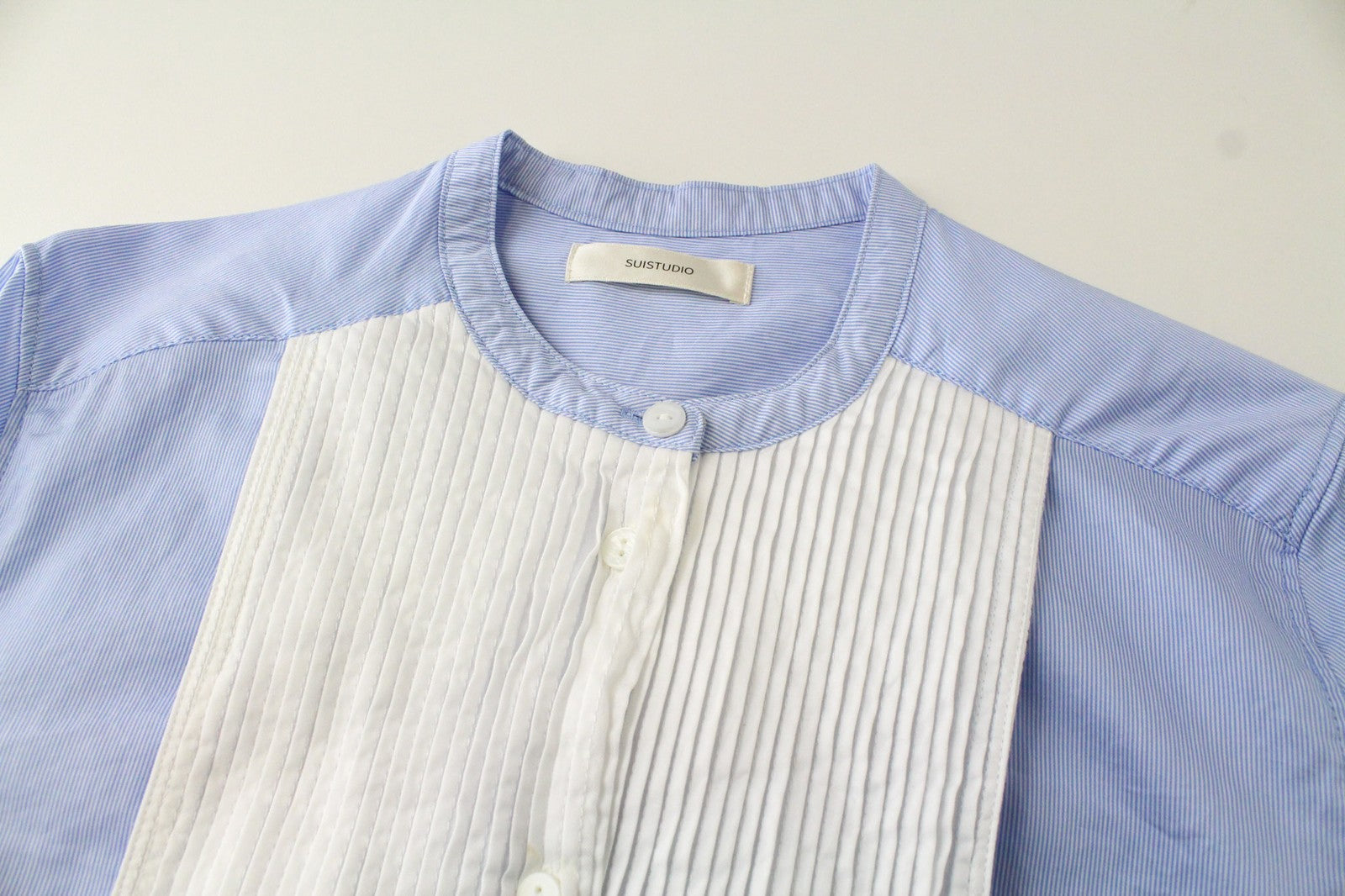 SUISTUDIO Ame Women's Shirt UK10 Light Blue Slim Pleated Bib Tunic Henley Style