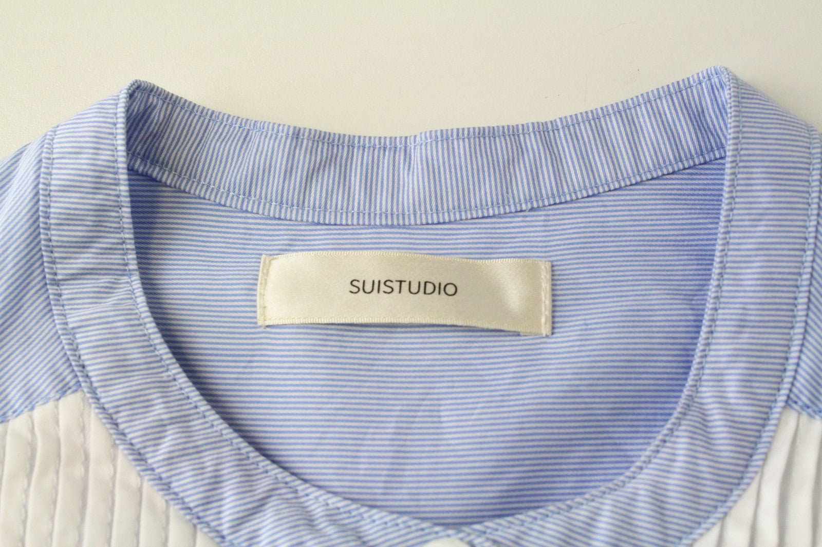 SUISTUDIO Ame Women's Shirt UK10 Light Blue Slim Pleated Bib Tunic Henley Style