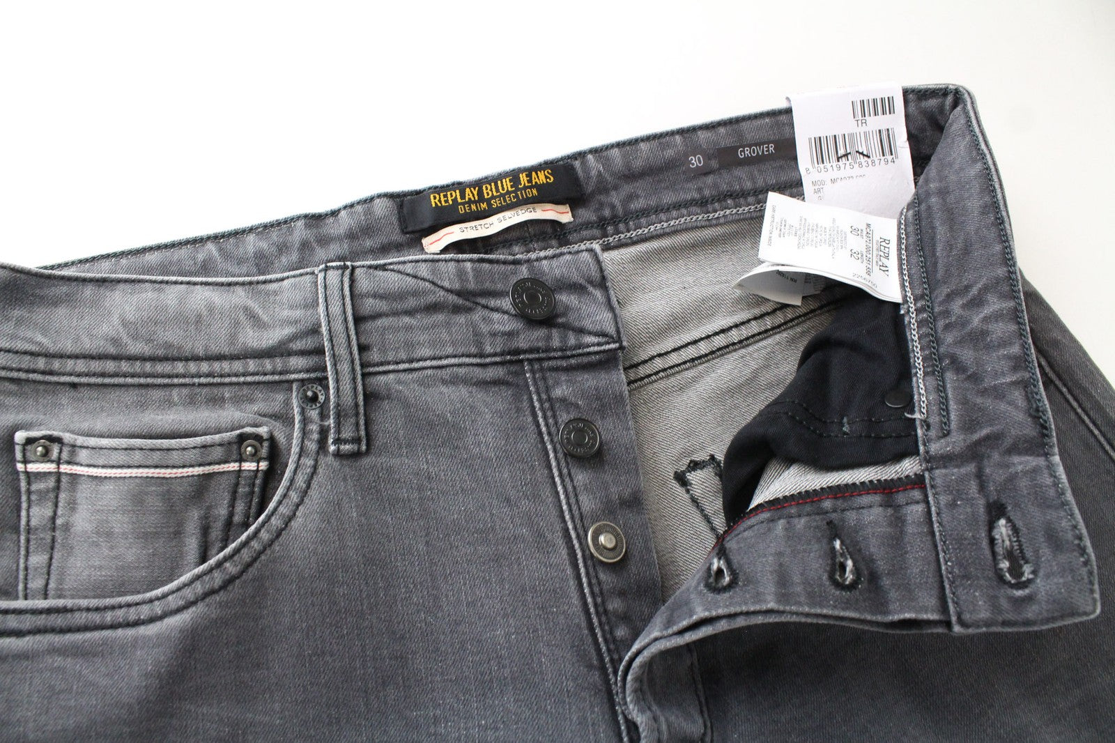 REPLAY Grover Men's Jeans W30/L32 Mid Grey Selvedge Straight Stretch Classic