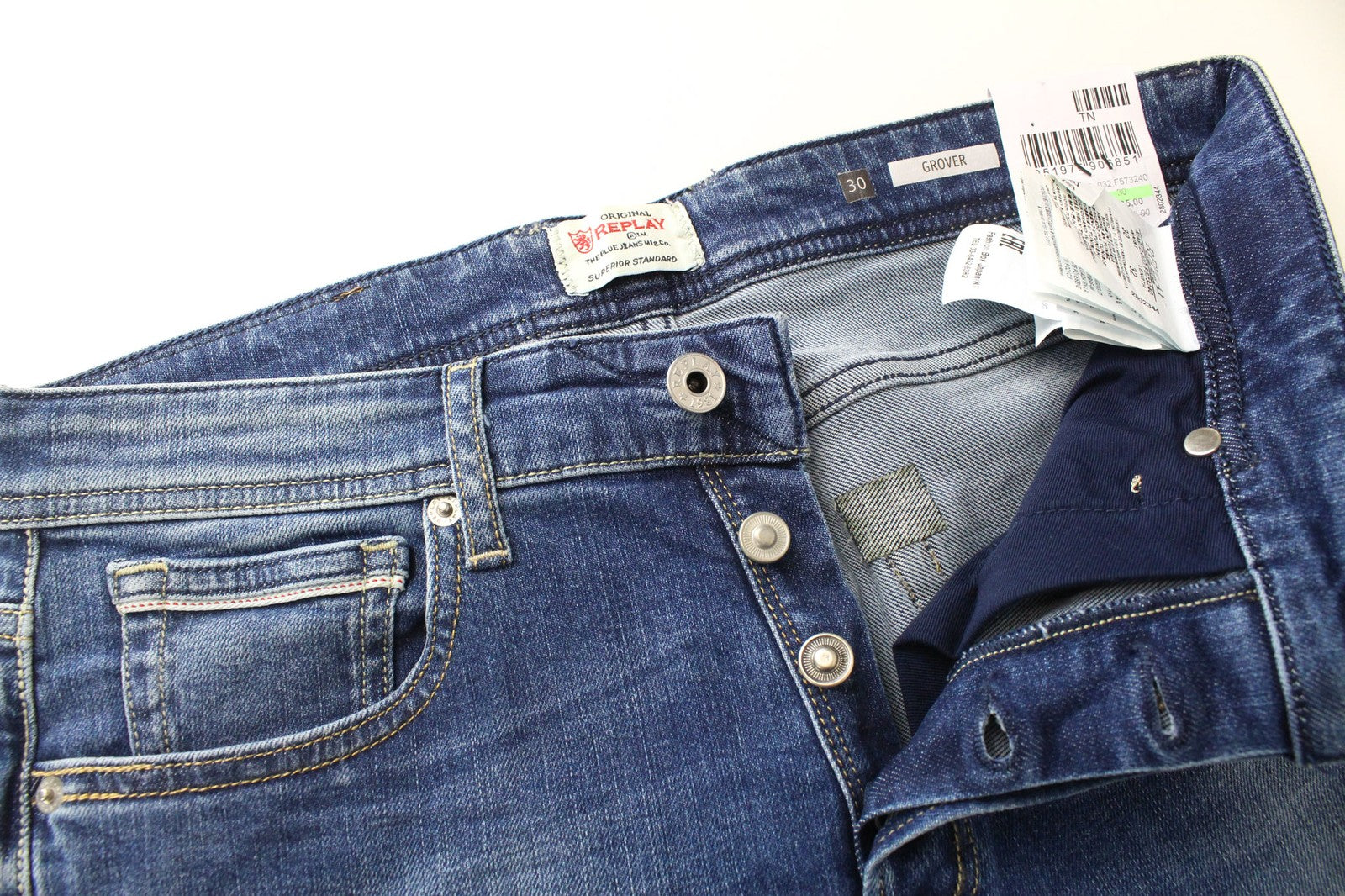 REPLAY Grover Men's Jeans W30/L32 Blue Straight Fit Stretch Classic Button Fly