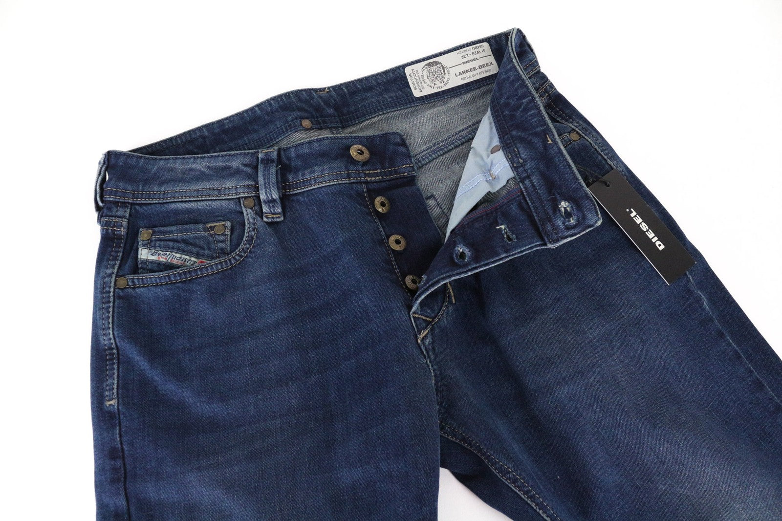 DIESEL Larkee-Beex 084BU vyriški džinsai W28/L32 mėlyni, tamprūs, siaurėjantys, džinsinio kirpimo 