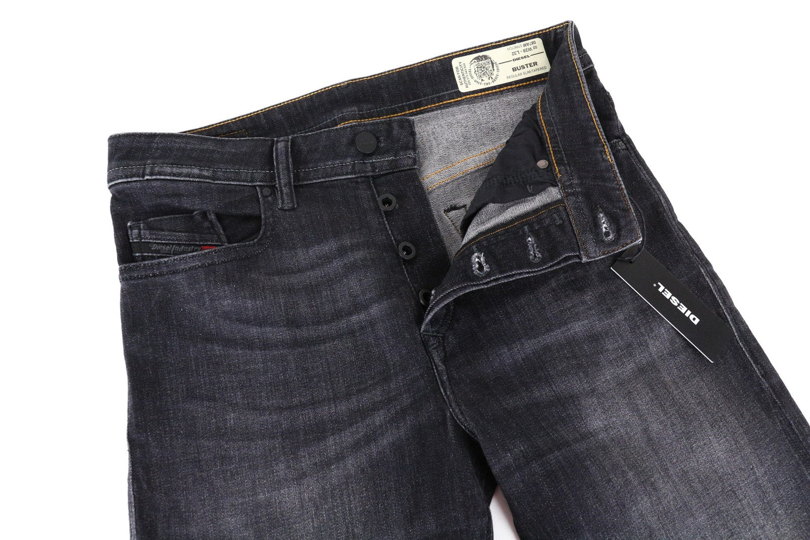 DIESEL Buster 087AM vyriški džinsai W28/L32 Slim Tapered tamsiai pilki tamprūs džinsai 