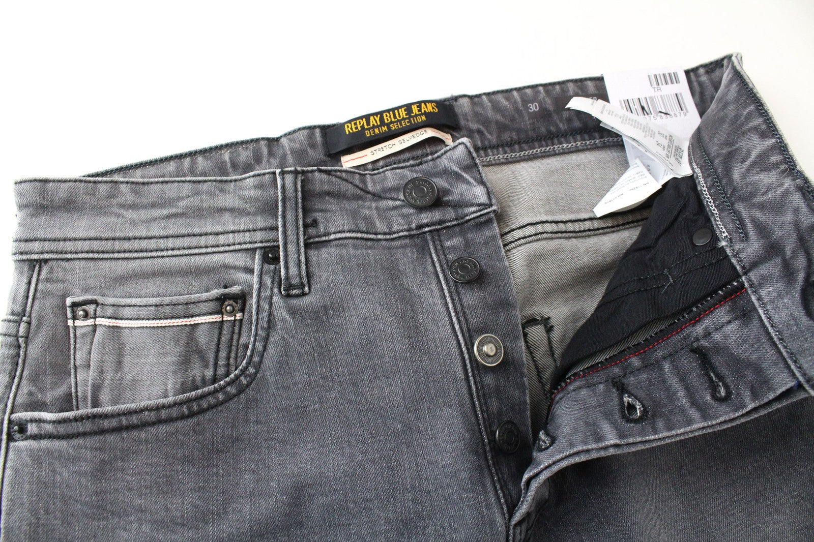 REPLAY Grover Men's Jeans W30/L34 Grey Mid Stretch Salvage Straight Button Fit