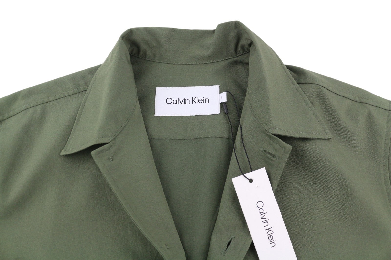 CALVIN KLEIN Minimal Twill Men Shirt S Green Spread Neck Patch Pockets Overshirt