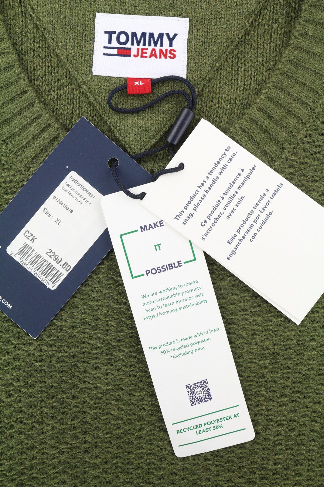 TOMMY HILFIGER Req Structured Men Jumper XL Green Waffle-Knit Crew Neck Pullover