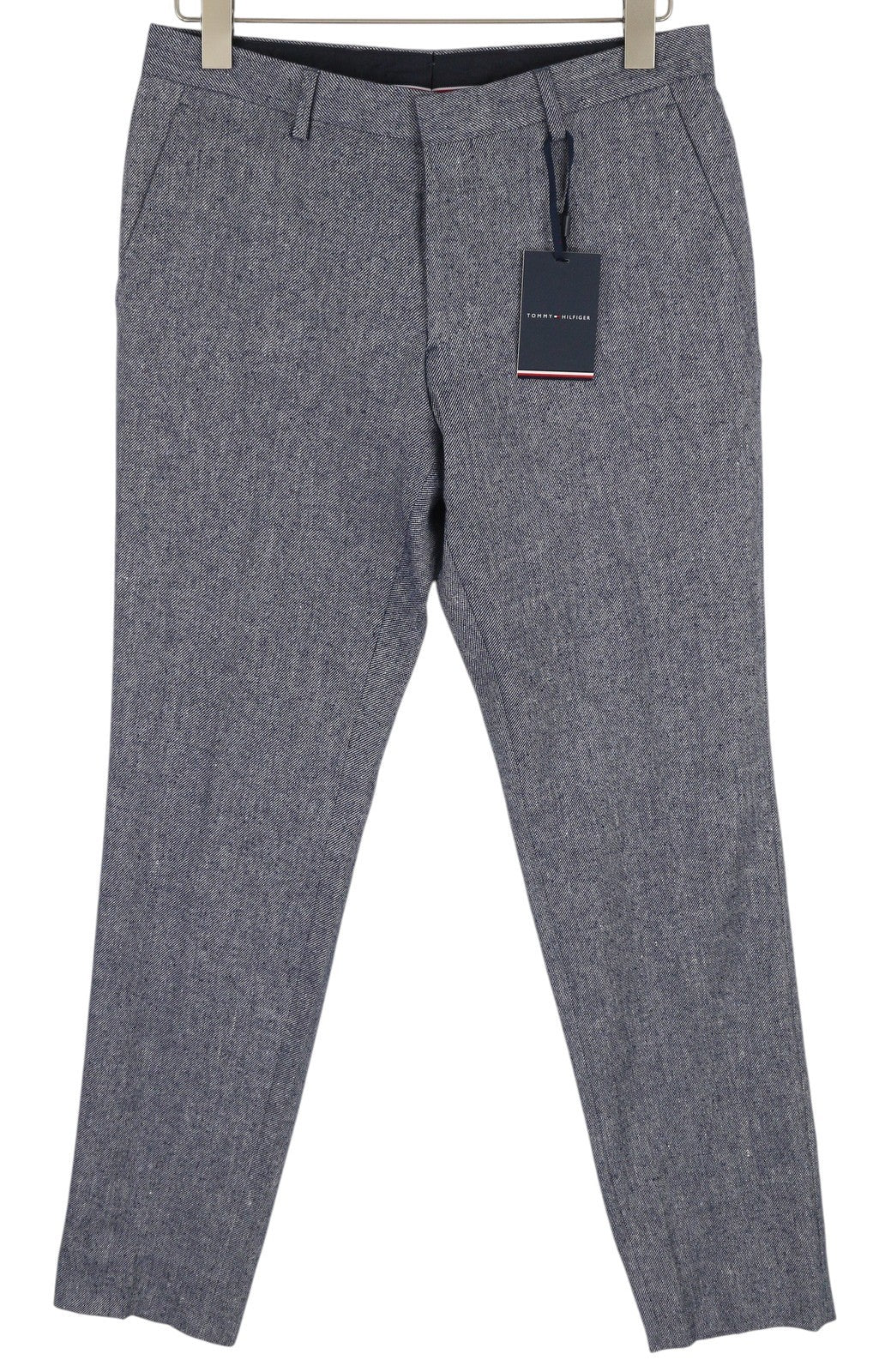 TOMMY HILFIGER Men Trousers W31 Blue Melange Line Wool Silk Blend Slim Fit Zip