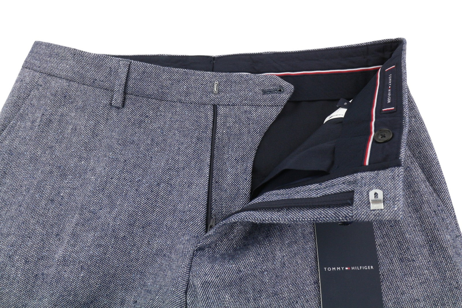 TOMMY HILFIGER Men Trousers W31 Blue Melange Line Wool Silk Blend Slim Fit Zip