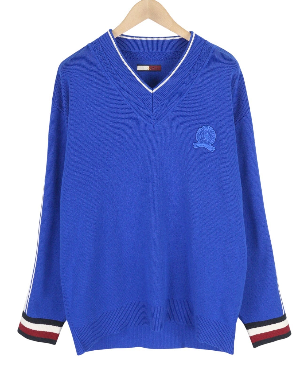 TOMMY HILFIGER V-Neck Cricket Men Jumper M Blue Tight-Knit Patch Logo Pullover