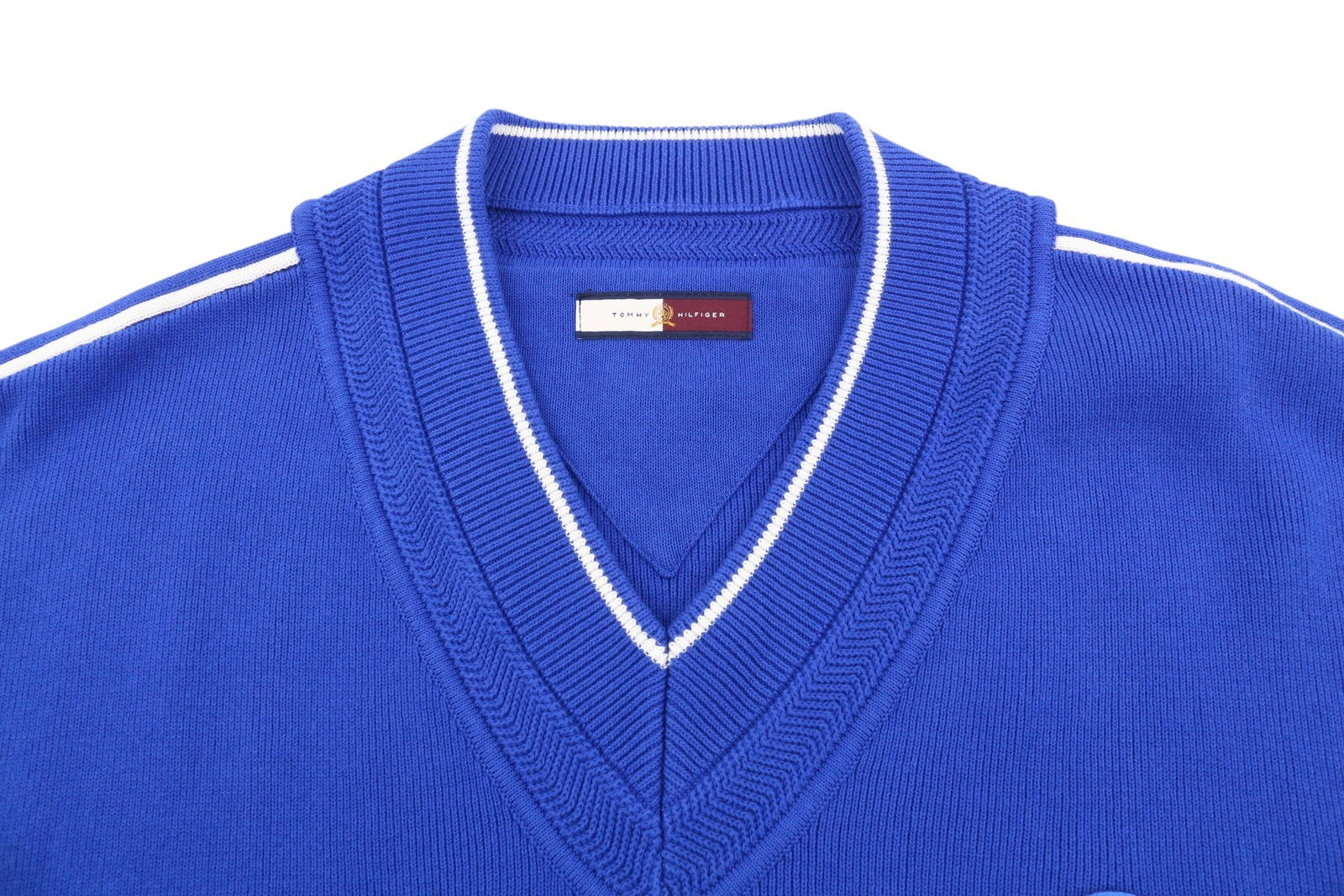 TOMMY HILFIGER V-Neck Cricket Men Jumper M Blue Tight-Knit Patch Logo Pullover