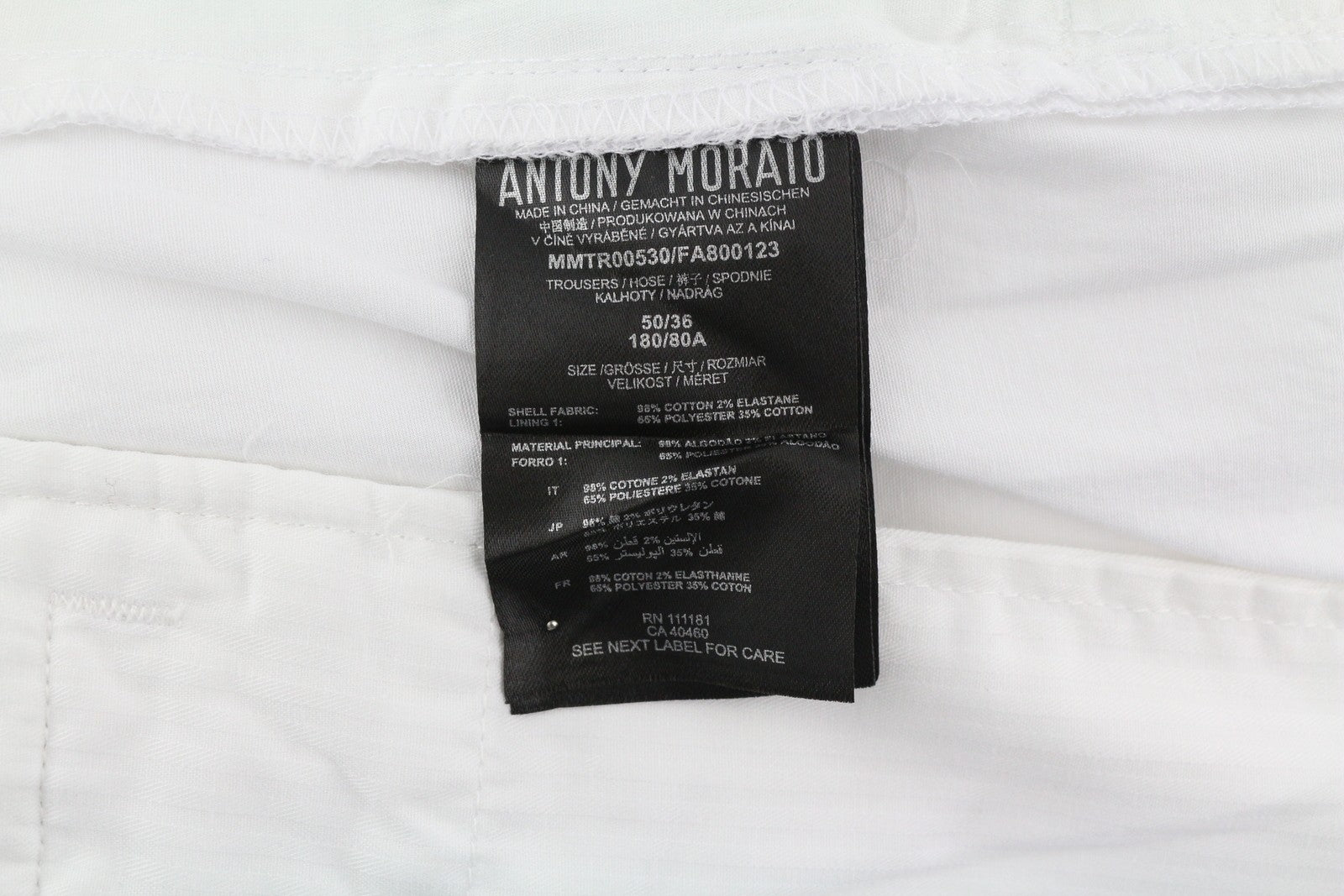 ANTONY MORATO Men Trousers W36 White Chino Slim Fit Flat Front Zipper Casual