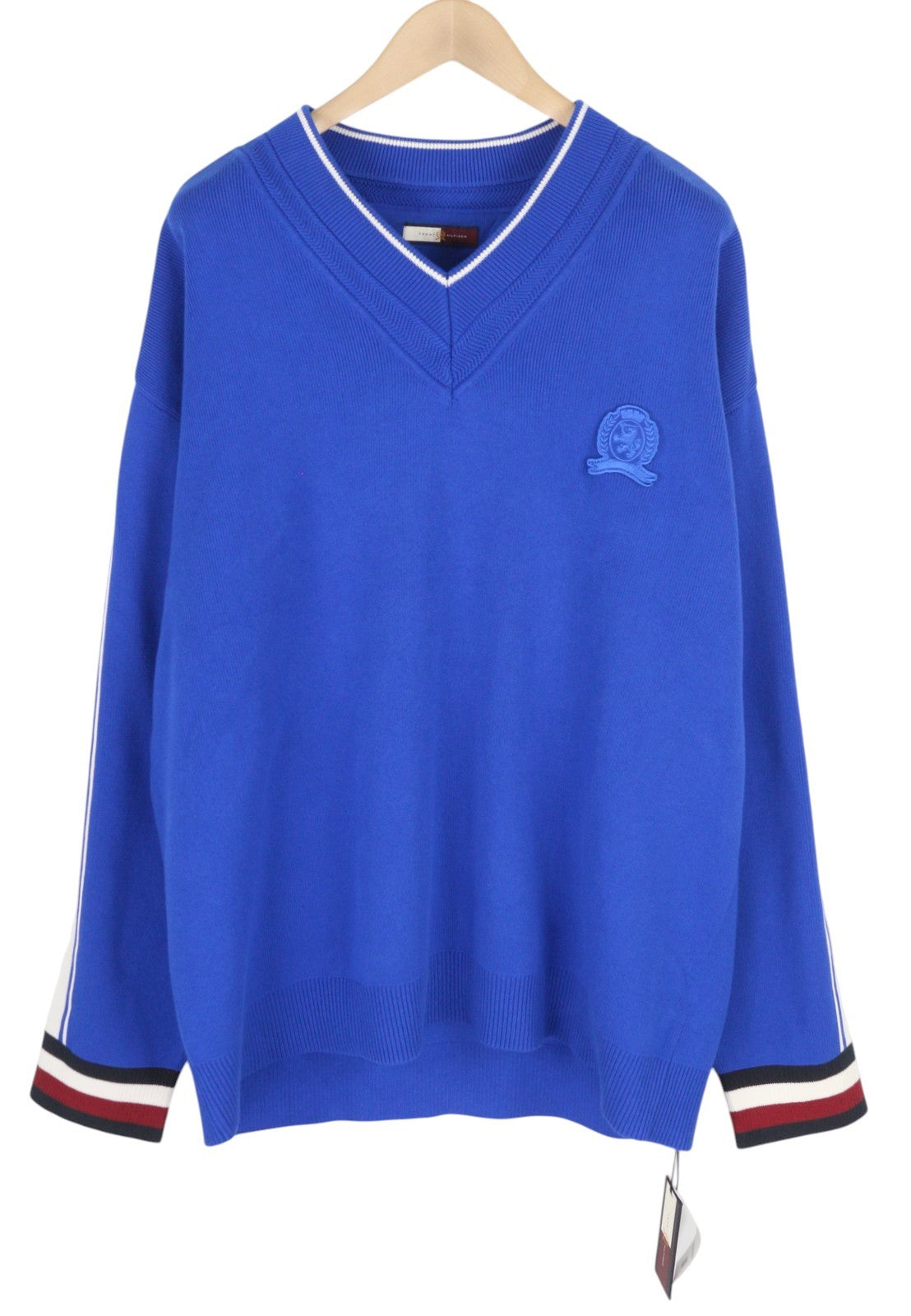 TOMMY HILFIGER V-Neck Cricket Men Jumper XL Blue Tight-Knit Patch Logo Pullover
