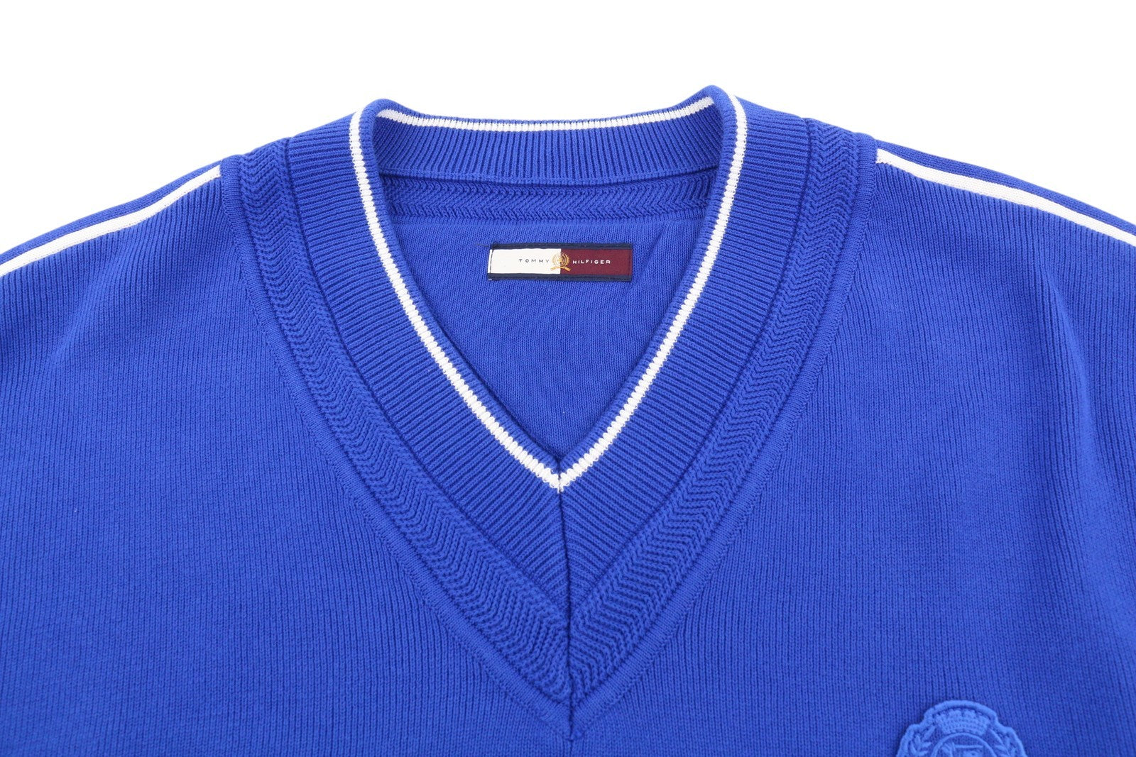 TOMMY HILFIGER V-Neck Cricket Men Jumper XL Blue Tight-Knit Patch Logo Pullover