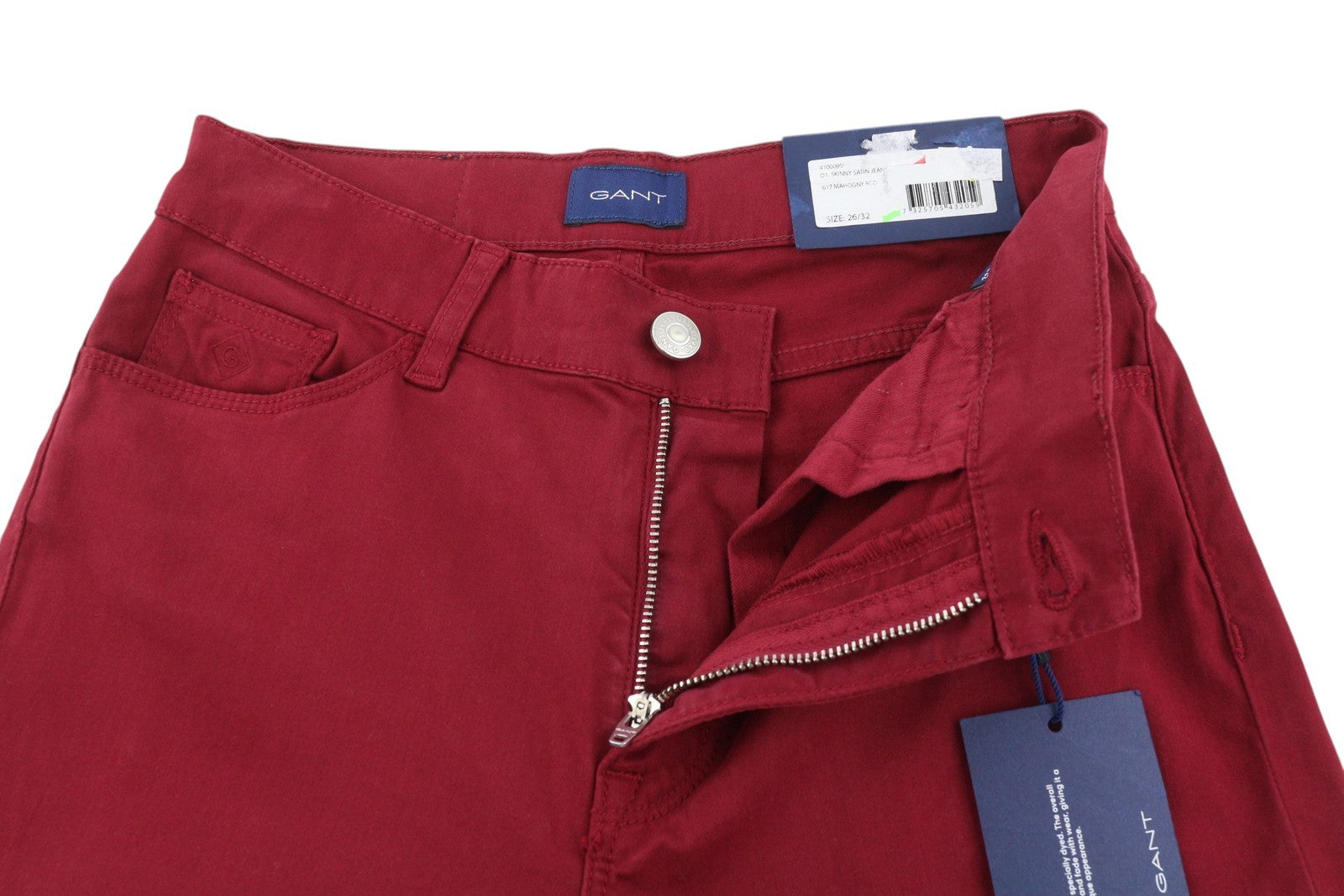 GANT Skinny Satin Women Trousers W26/L32 Dark Red Zip Fly Pockets Logo Casual
