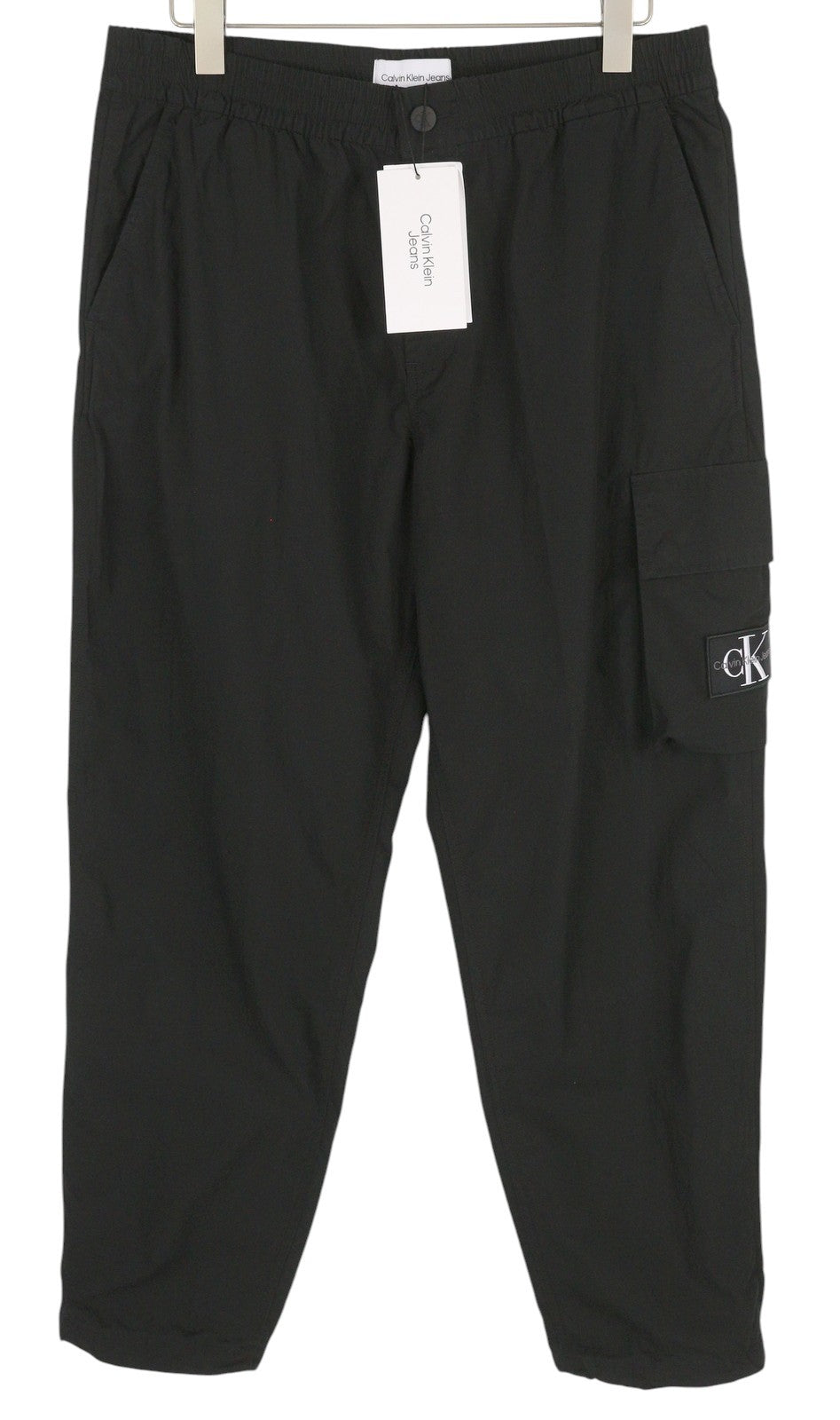 CALVIN KLEIN Utility Cotton Pop Men Trousers S Black Cargo Elastic Waist Logo